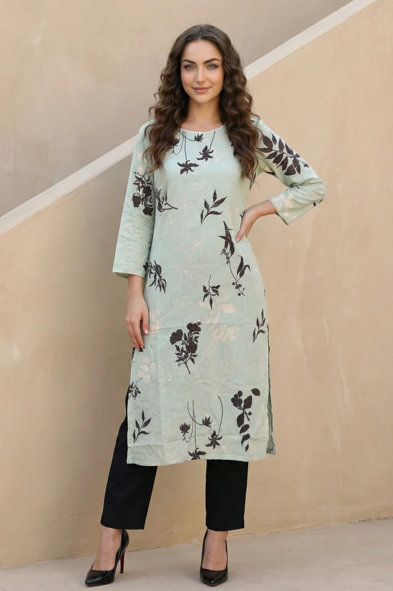 Sea Green Floral Printed Beadwork Straight Kurta