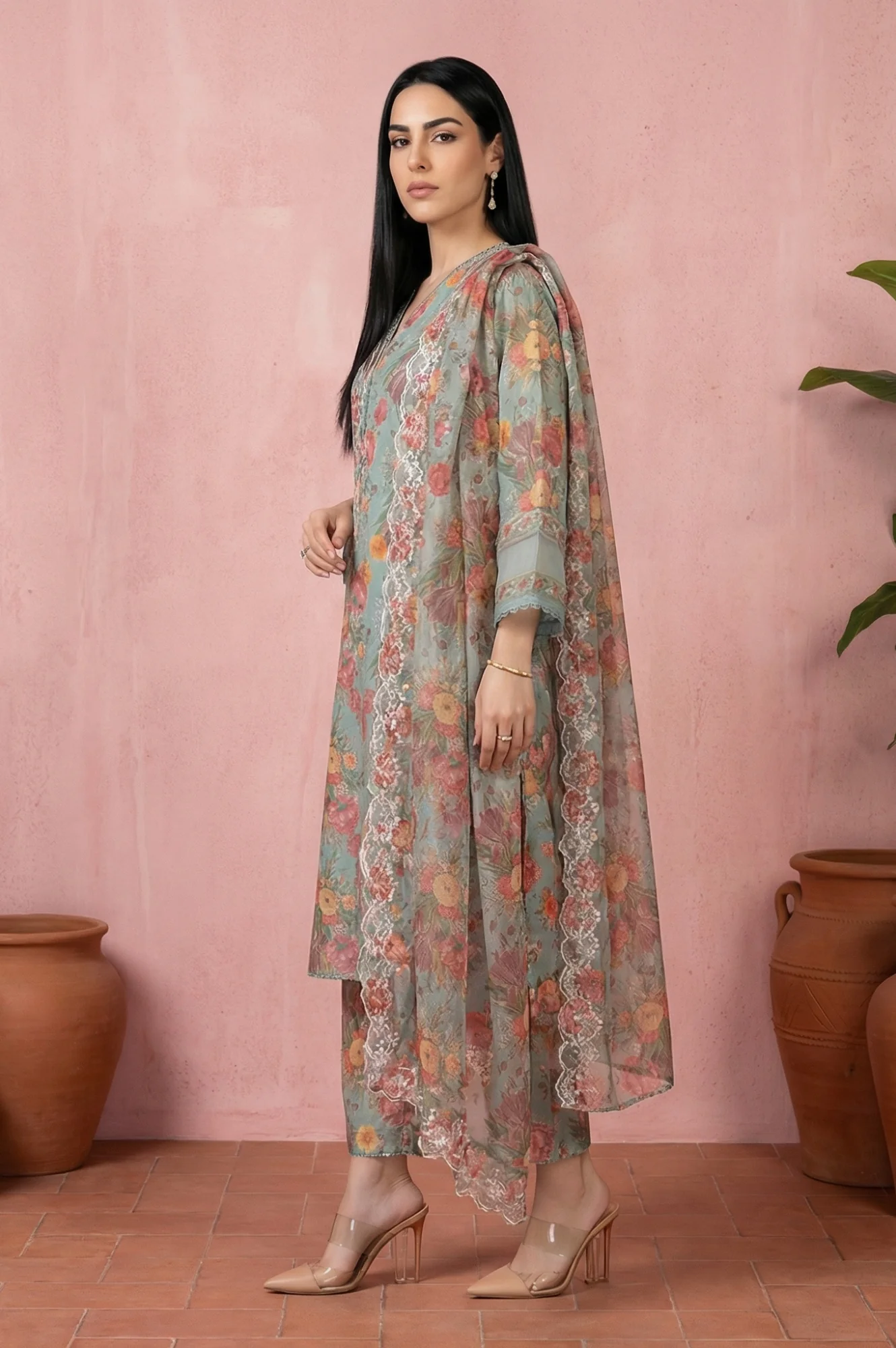 Sea Green Floral Printed Straight Kurta with Flared Pants and Dupatta Set - Image 3