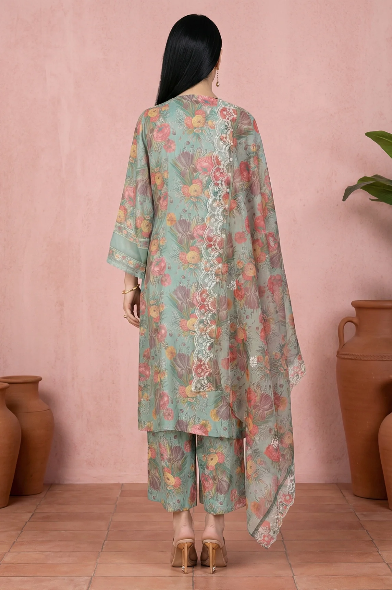 Sea Green Floral Printed Straight Kurta with Flared Pants and Dupatta Set - Image 4