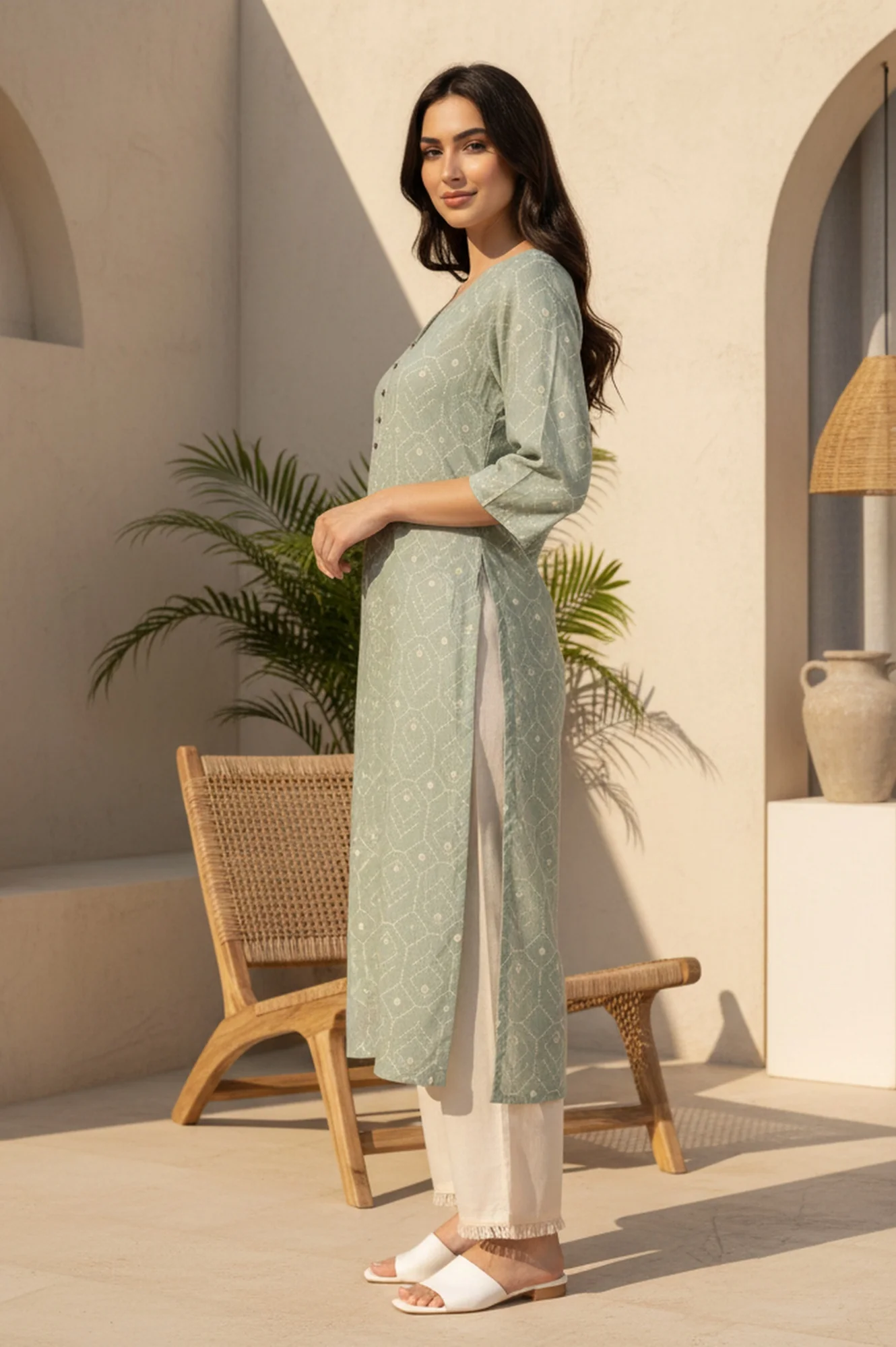 Sea Green Geometric Printed Pure Cotton Straight Kurta - Image 3