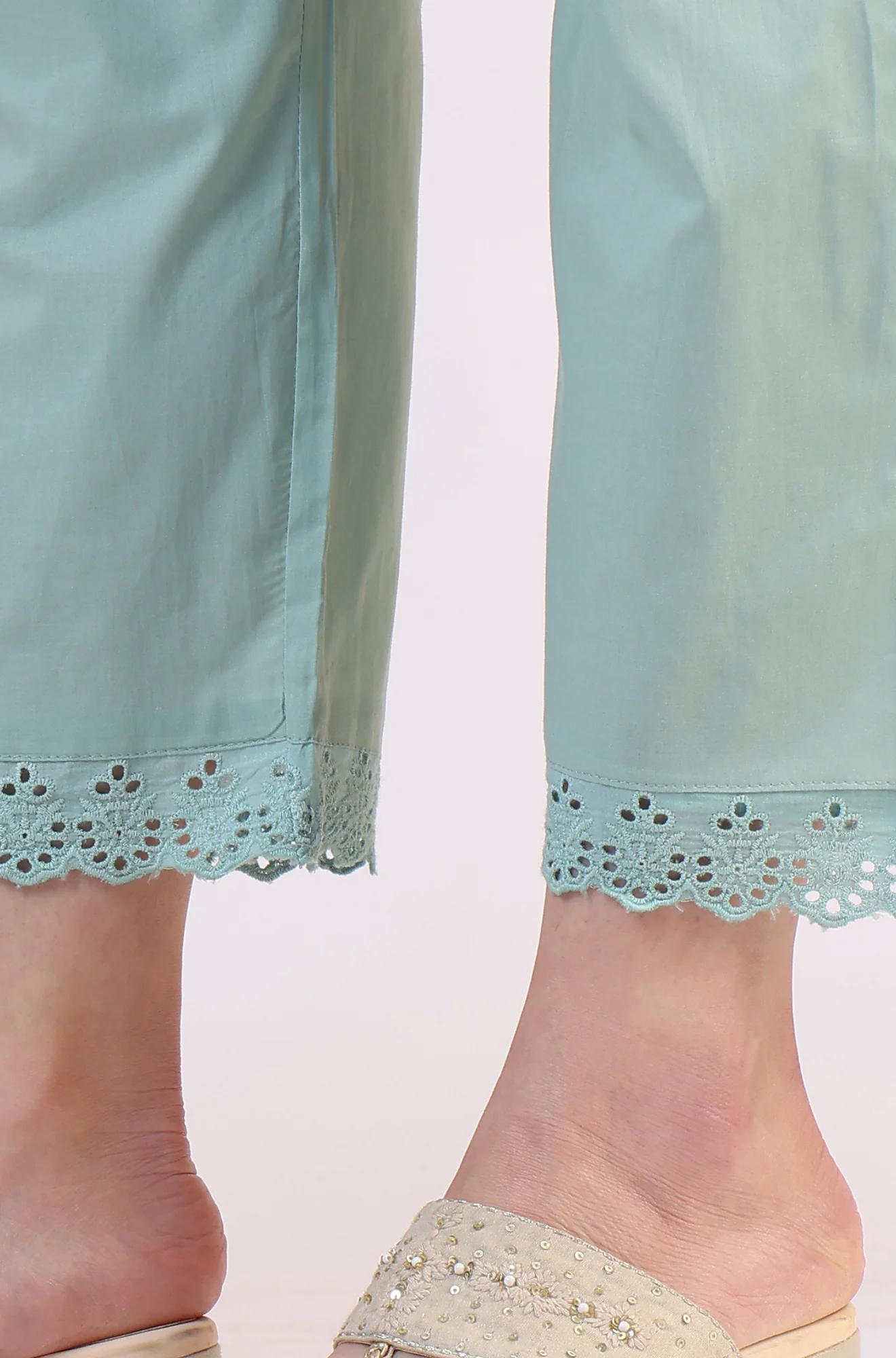 Sea Green Schiffili Embroidered Pure Cotton Flared Kurta and Straight Pants Set - Image 10