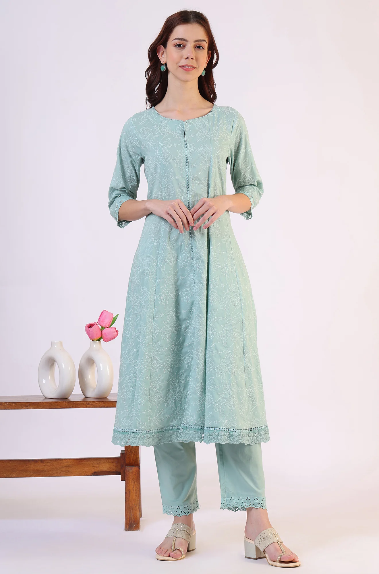 Sea Green Schiffili Embroidered Pure Cotton Flared Kurta and Straight Pants Set - Image 2