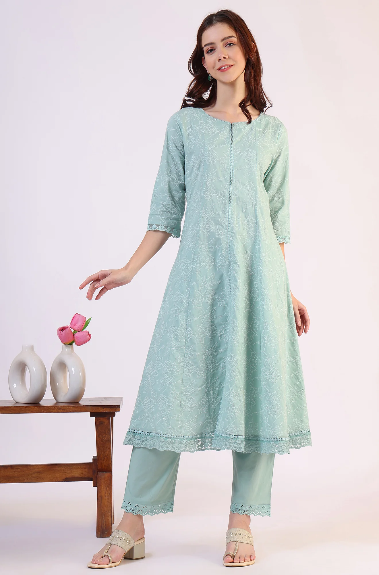 Sea Green Schiffili Embroidered Pure Cotton Flared Kurta and Straight Pants Set - Image 3