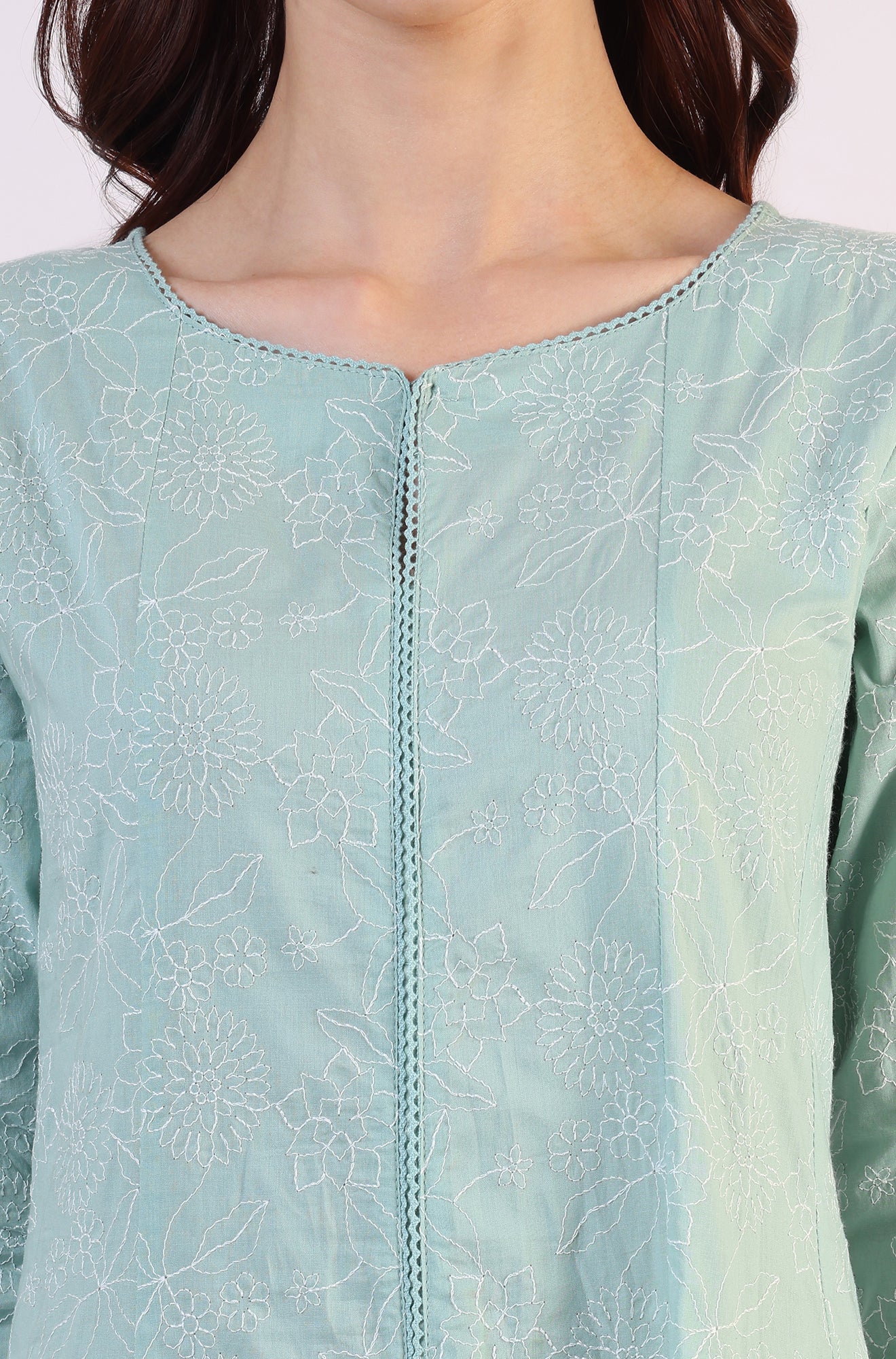 Sea Green Schiffili Embroidered Pure Cotton Flared Kurta and Straight Pants Set - Image 4