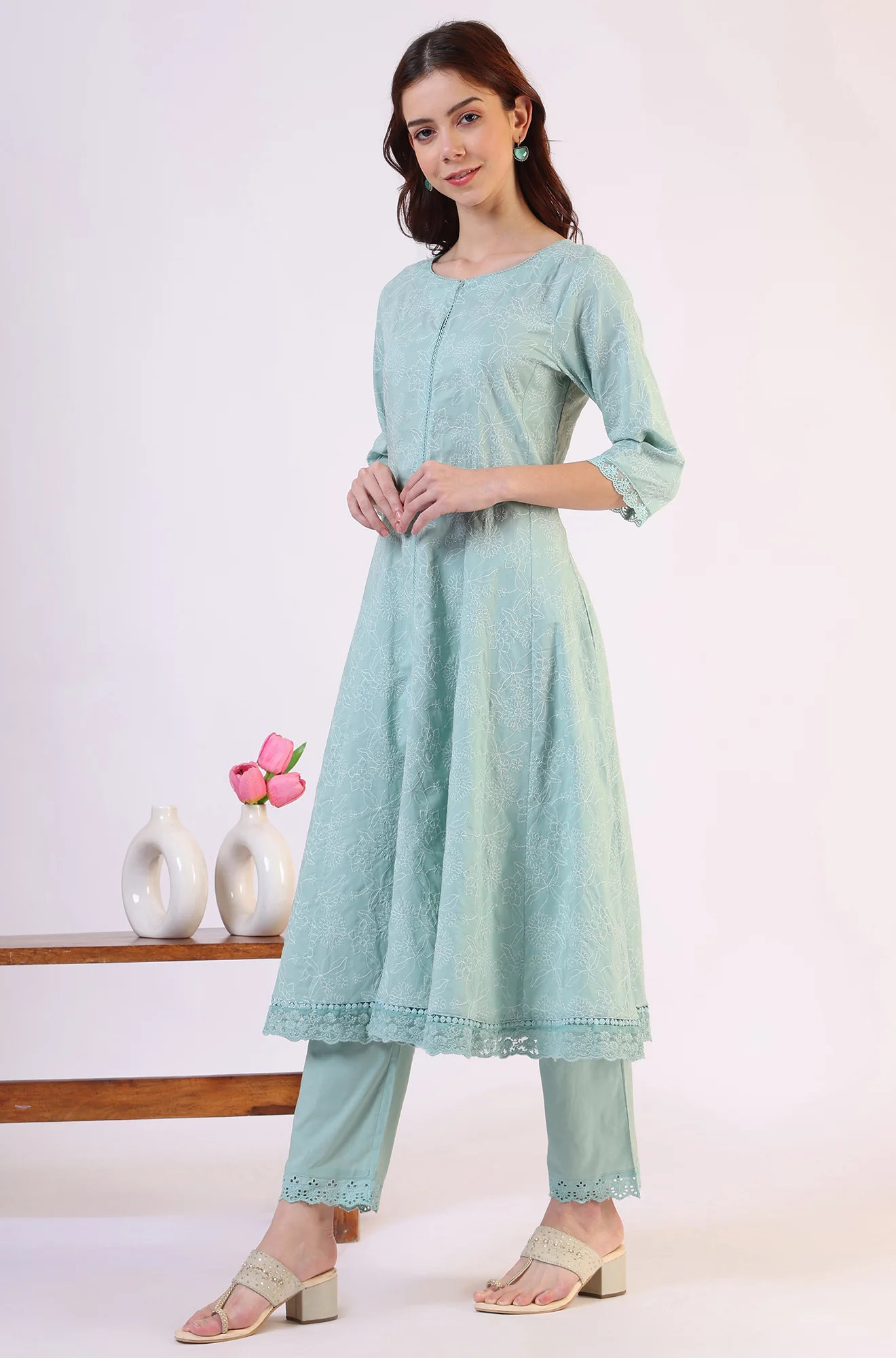Sea Green Schiffili Embroidered Pure Cotton Flared Kurta and Straight Pants Set - Image 5