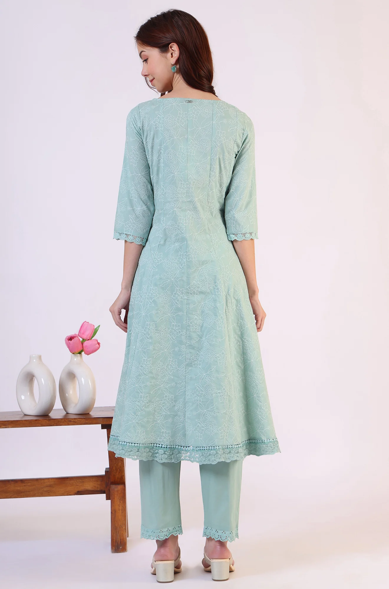 Sea Green Schiffili Embroidered Pure Cotton Flared Kurta and Straight Pants Set - Image 6