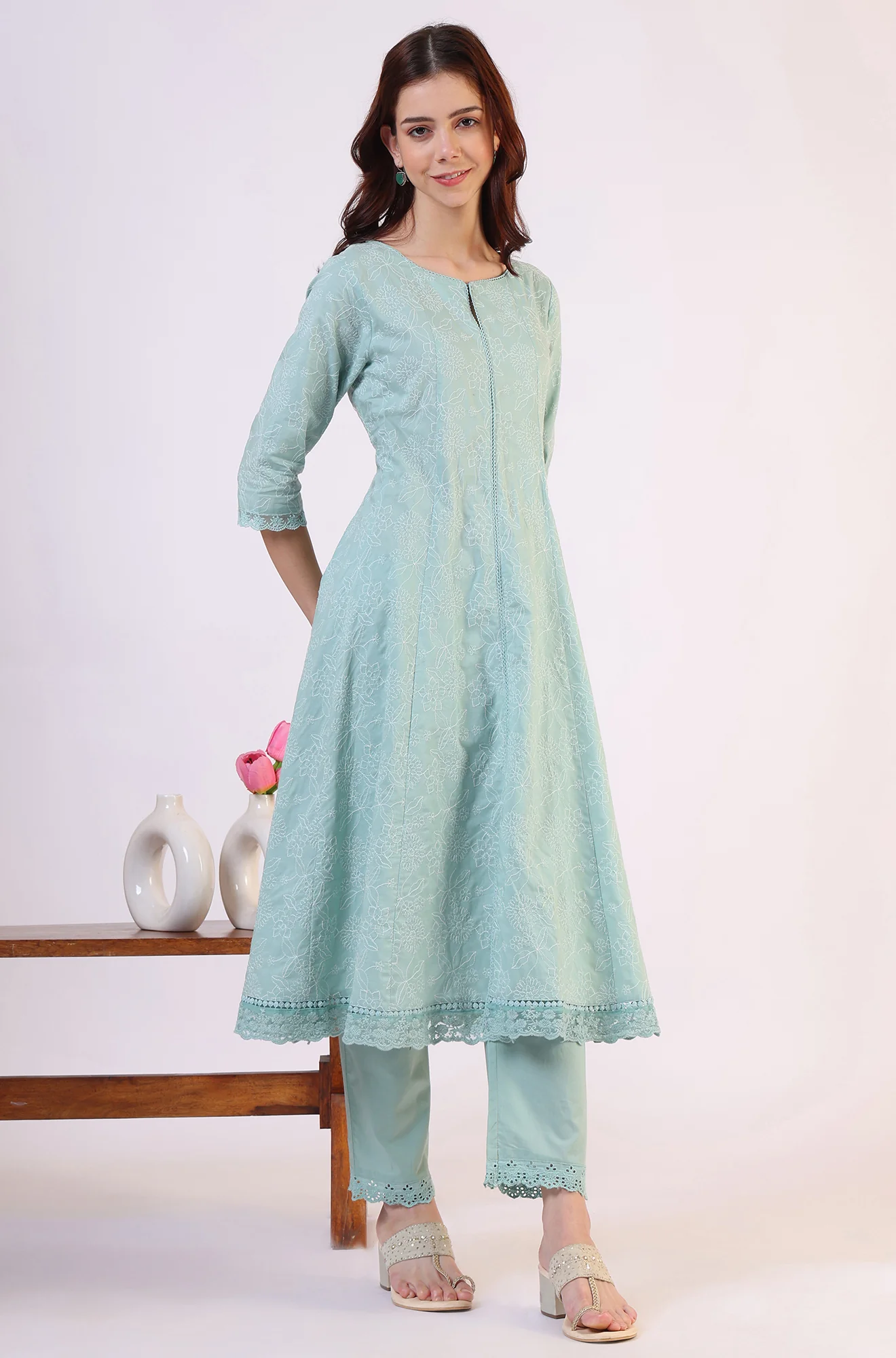 Sea Green Schiffili Embroidered Pure Cotton Flared Kurta and Straight Pants Set - Image 7