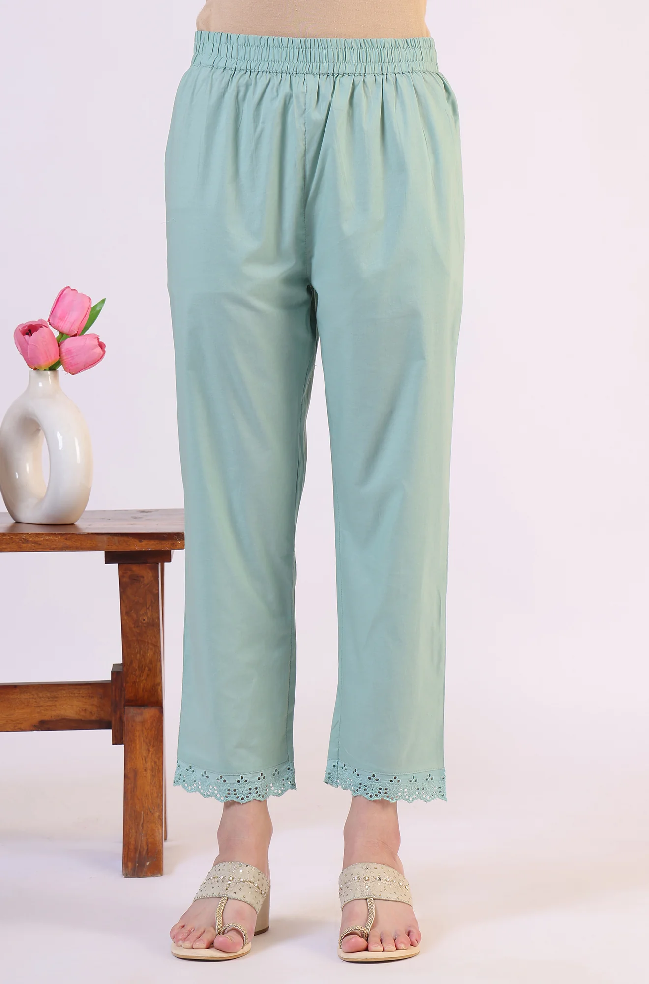 Sea Green Schiffili Embroidered Pure Cotton Flared Kurta and Straight Pants Set - Image 9