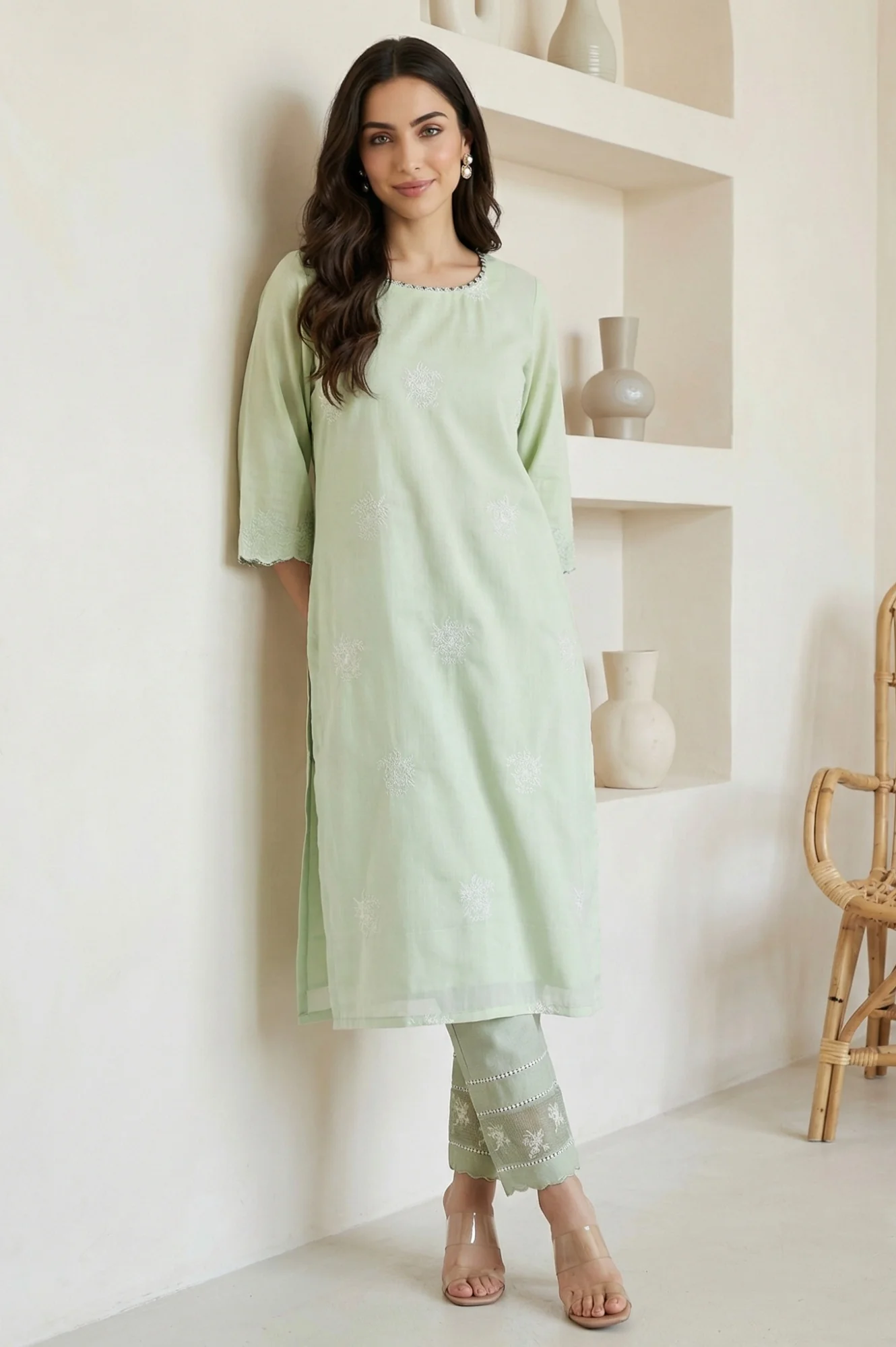 Sea Green Thread Embroidered Straight Kurta