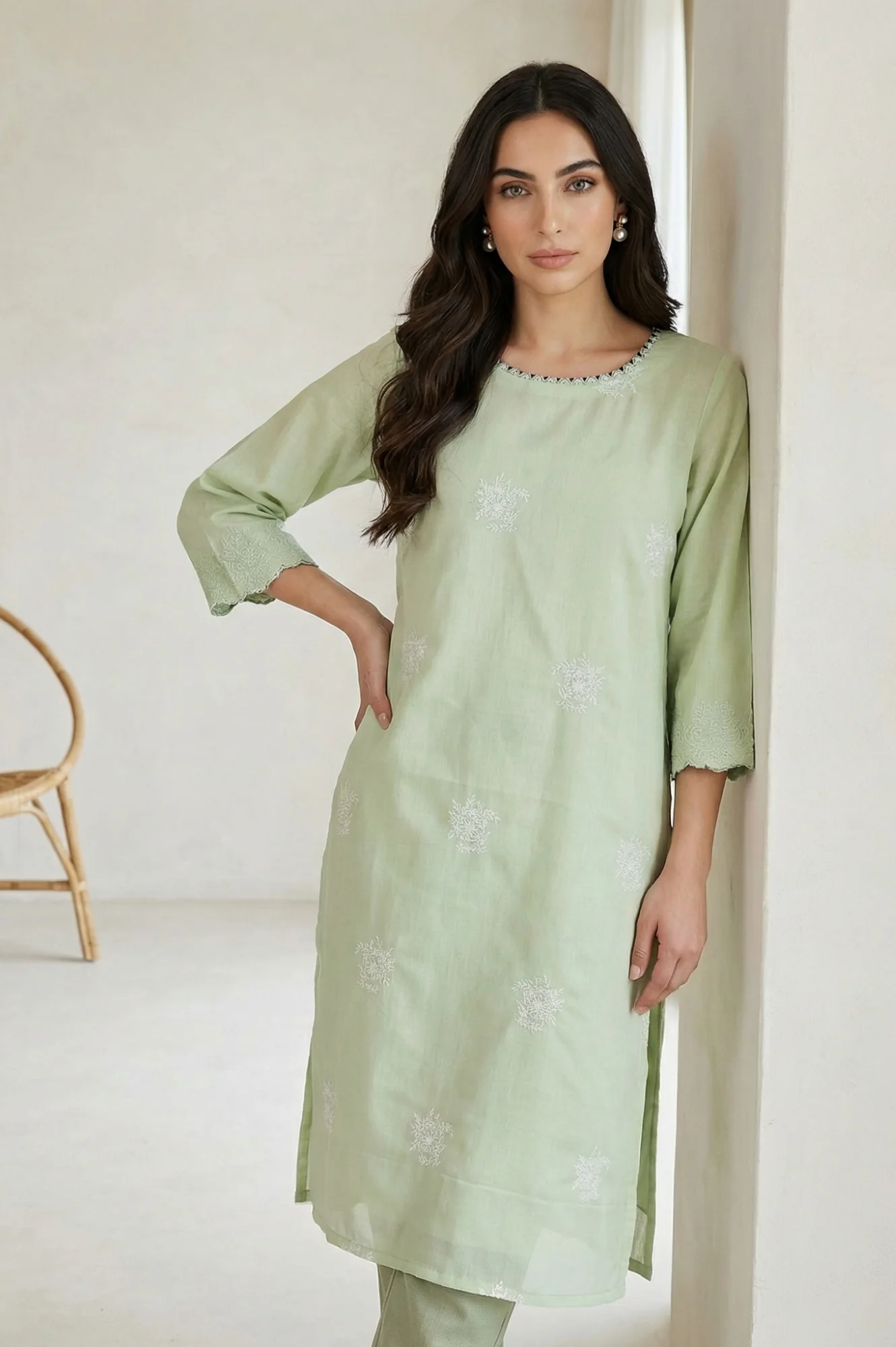 Sea Green Thread Embroidered Straight Kurta - Image 3