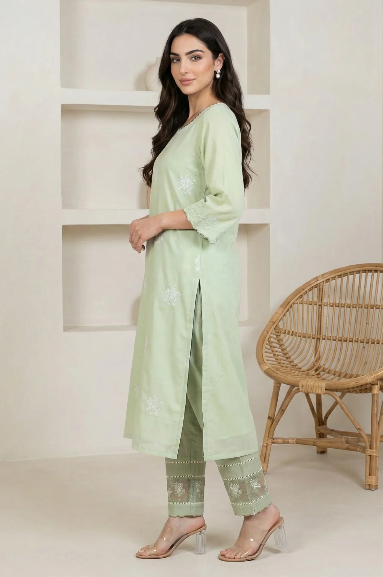 Sea Green Thread Embroidered Straight Kurta - Image 4