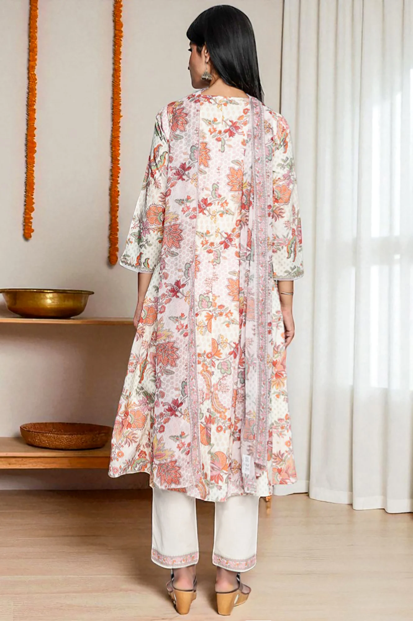 Seashell White Printed Pure Cotton Flared Kurta, Straight Pant and Dupatta Set - Image 4