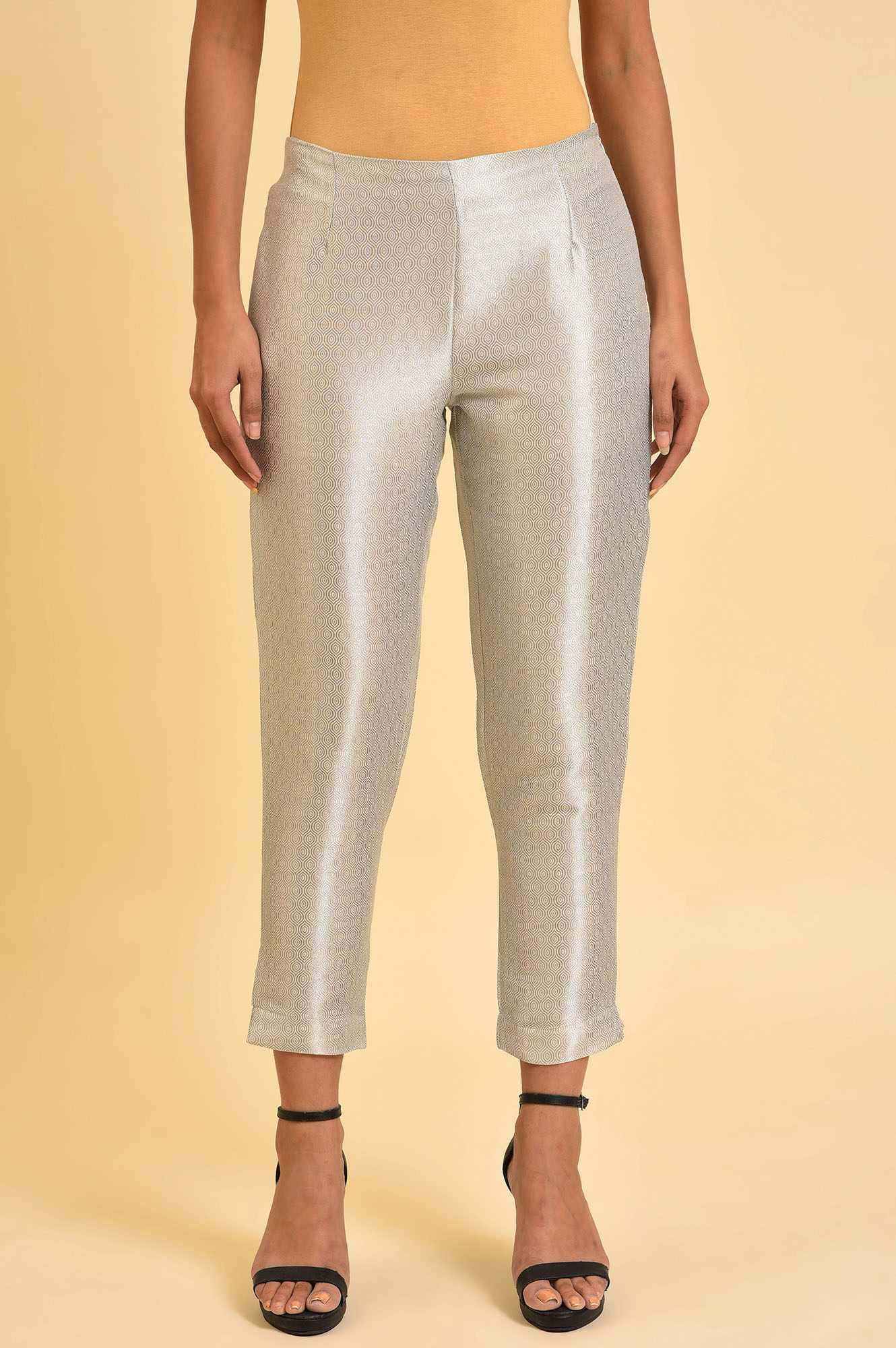 Silver Solid Jacquard Straight Pants