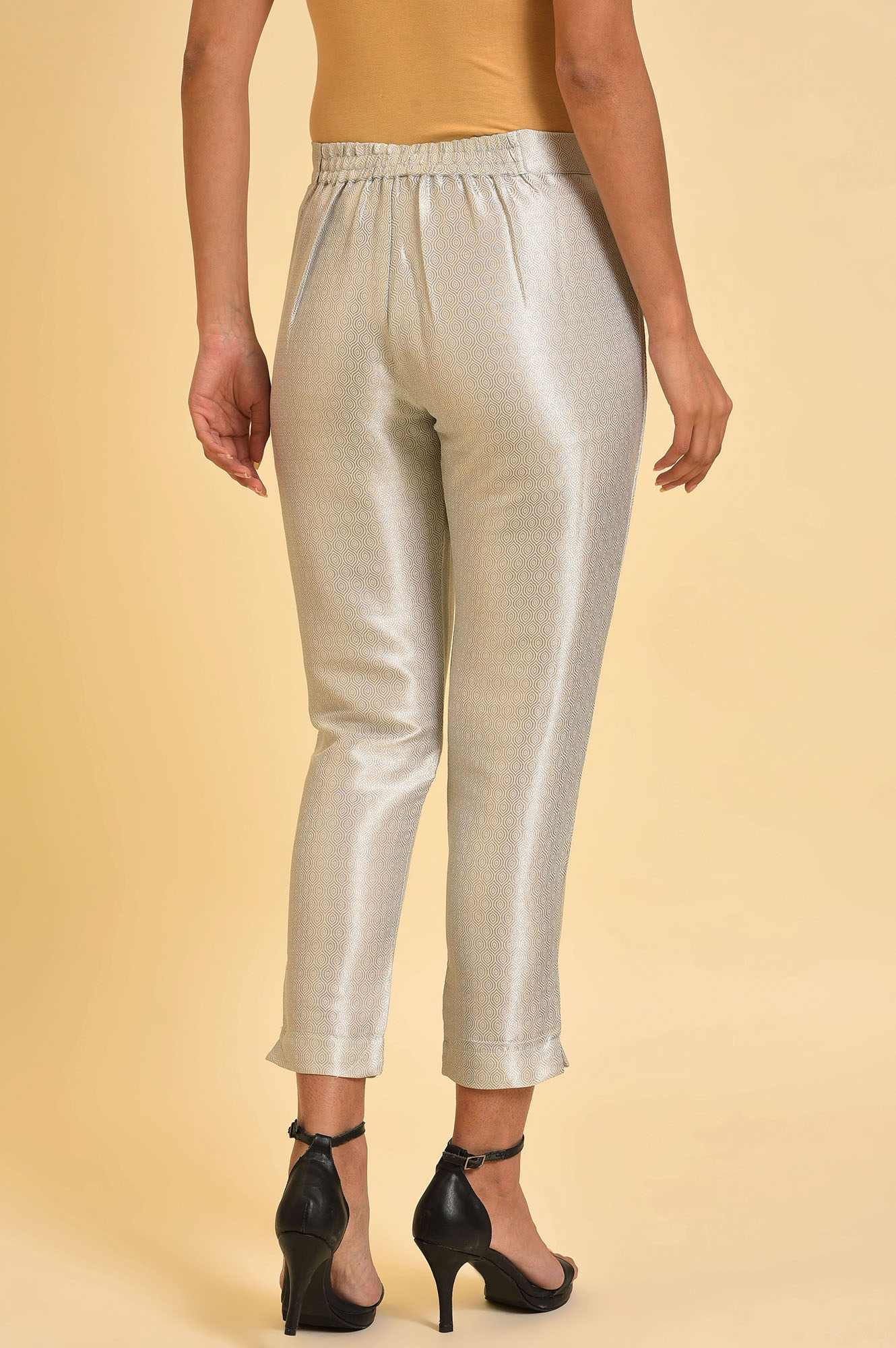 Silver Solid Jacquard Straight Pants - Image 2