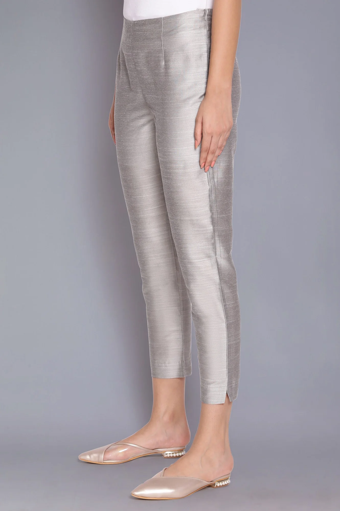 Silver Solid Slim Fit Viscose Trouser - Image 3