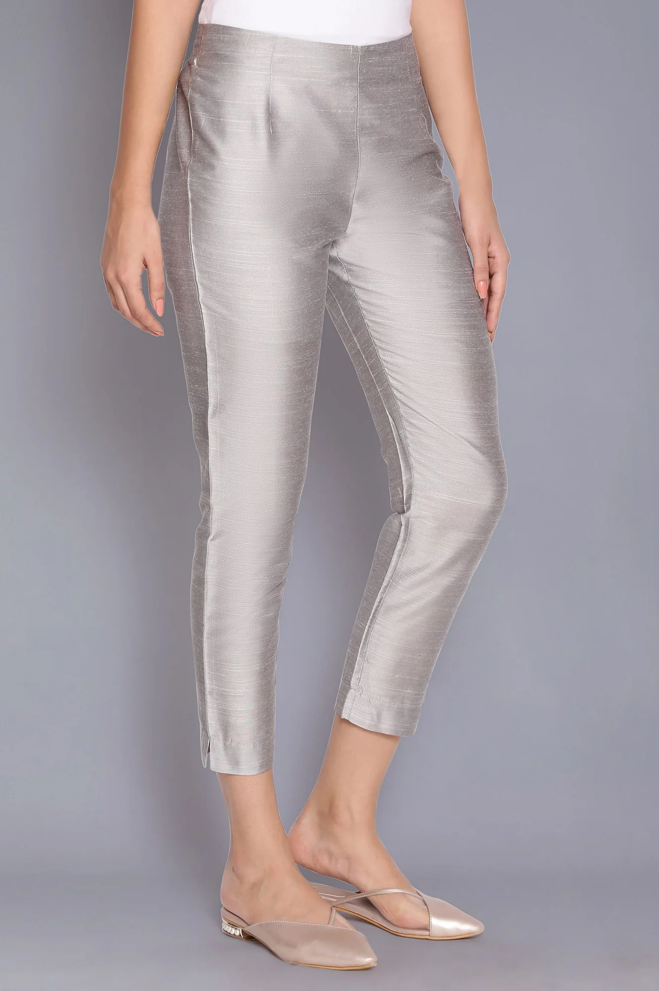Silver Solid Slim Fit Viscose Trouser - Image 4