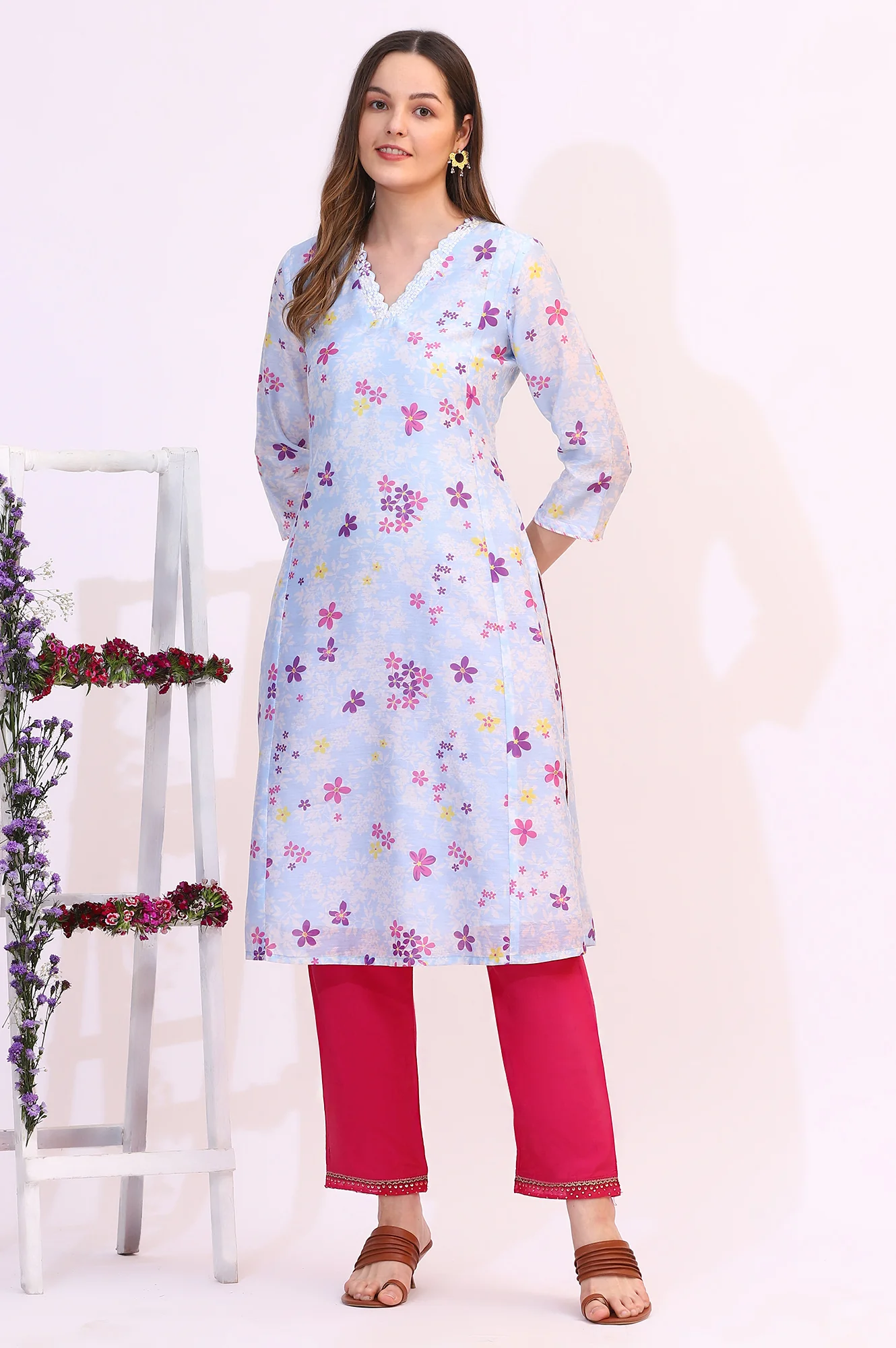 Sky Blue Floral Printed Sequined Chanderi Straight Kurta with Scalloped Neck - Image 2