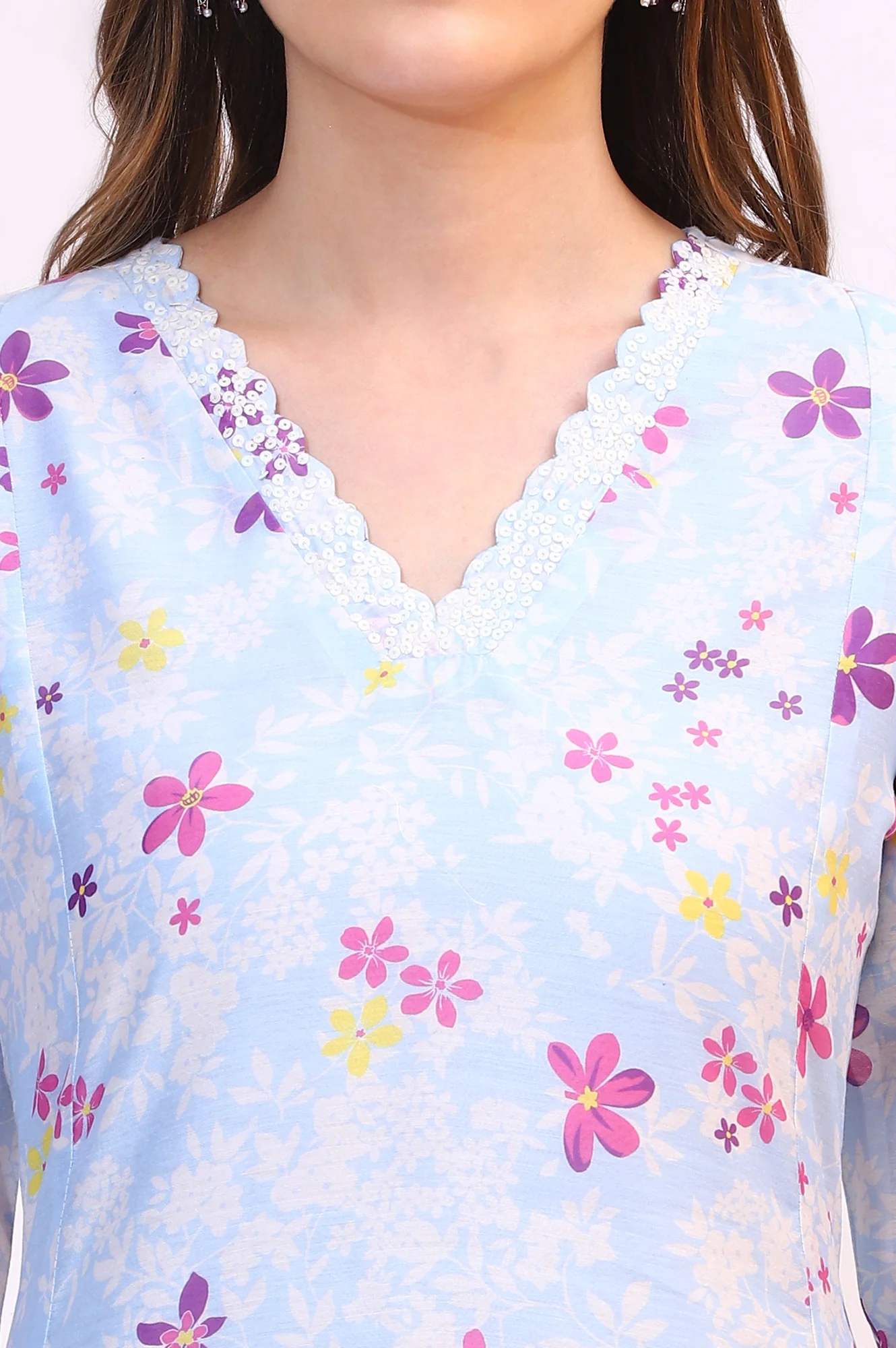 Sky Blue Floral Printed Sequined Chanderi Straight Kurta with Scalloped Neck - Image 3