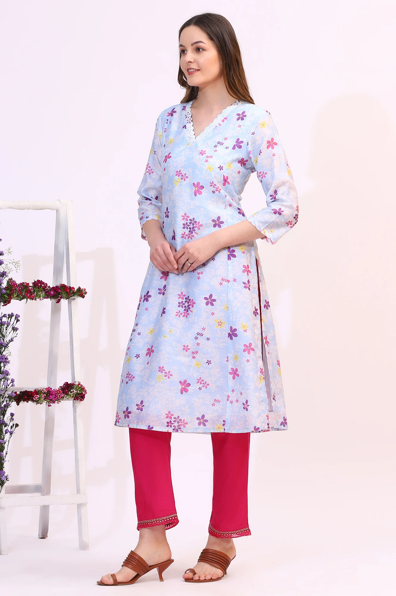 Sky Blue Floral Printed Sequined Chanderi Straight Kurta with Scalloped Neck - Image 4