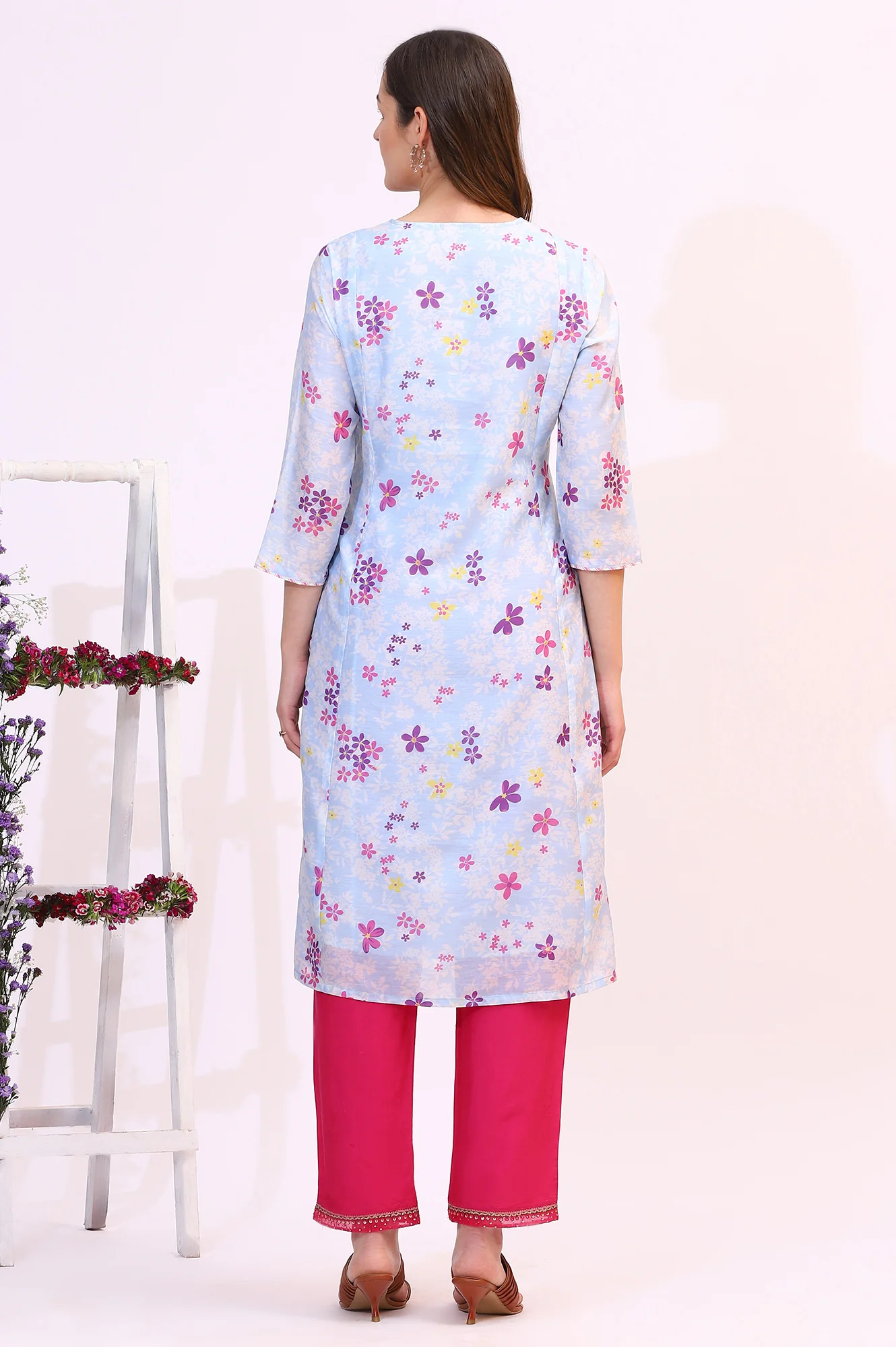 Sky Blue Floral Printed Sequined Chanderi Straight Kurta with Scalloped Neck - Image 5