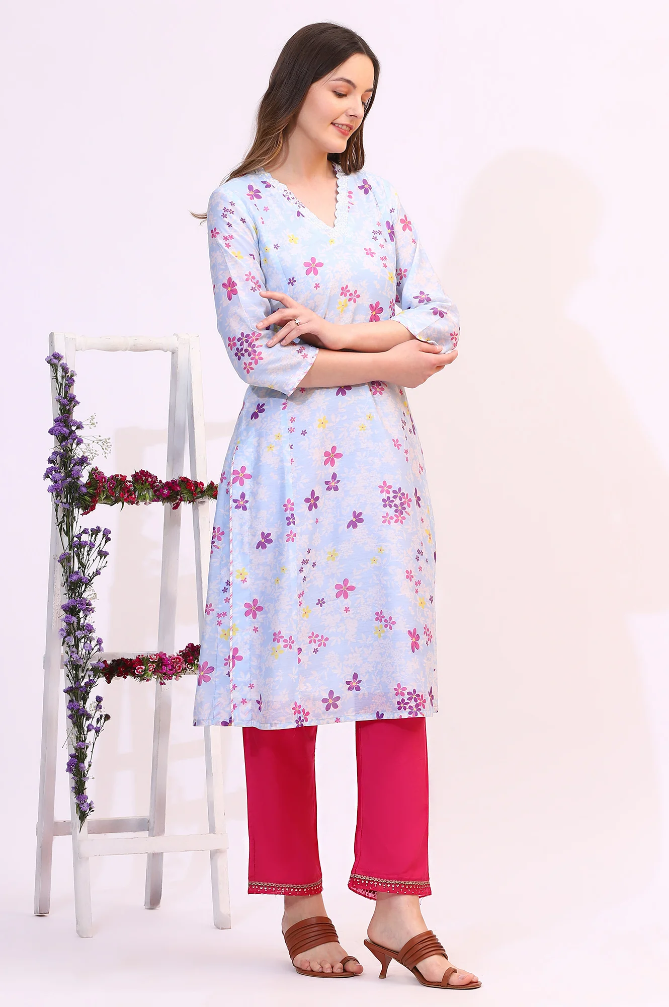 Sky Blue Floral Printed Sequined Chanderi Straight Kurta with Scalloped Neck - Image 6