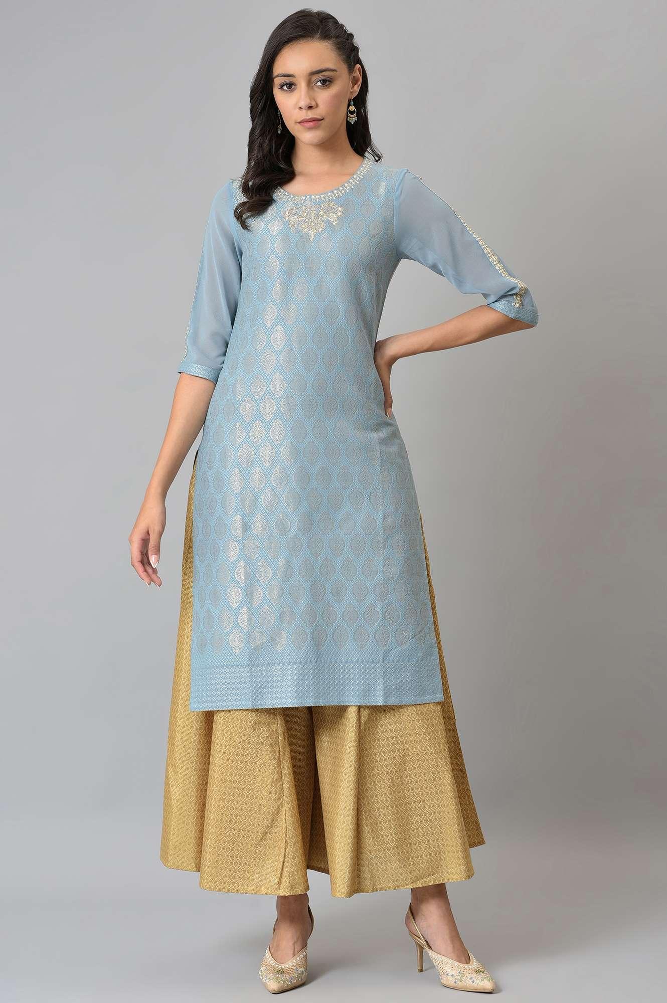 Sky Blue Jacquard kurta With Embroidery - Image 5