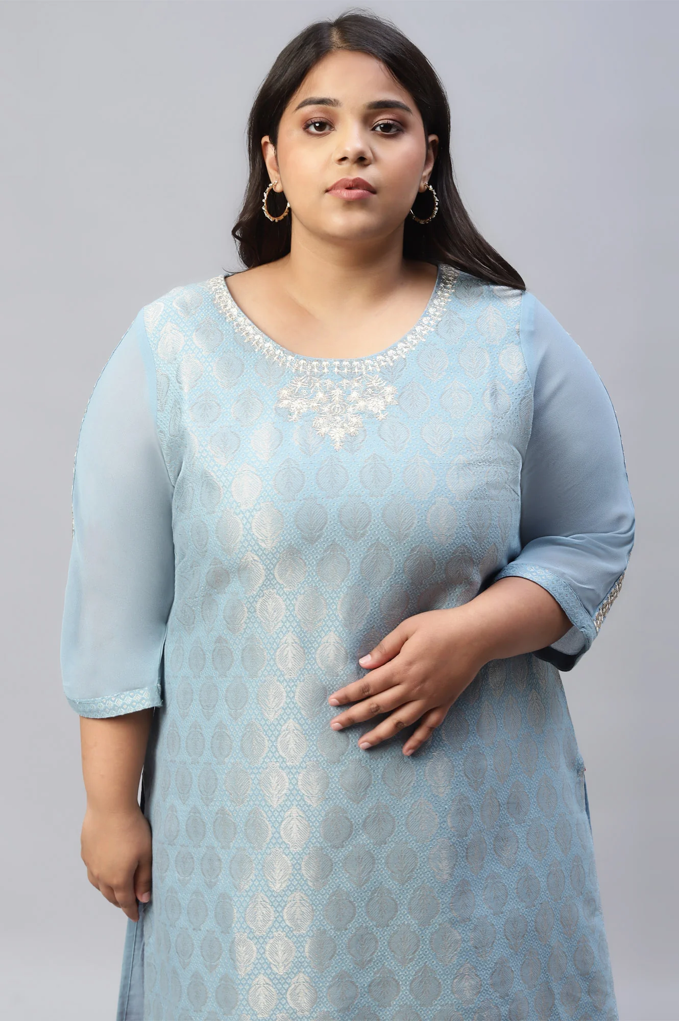Sky Blue Jacquard Plus Size kurta With Embroidery - Image 6