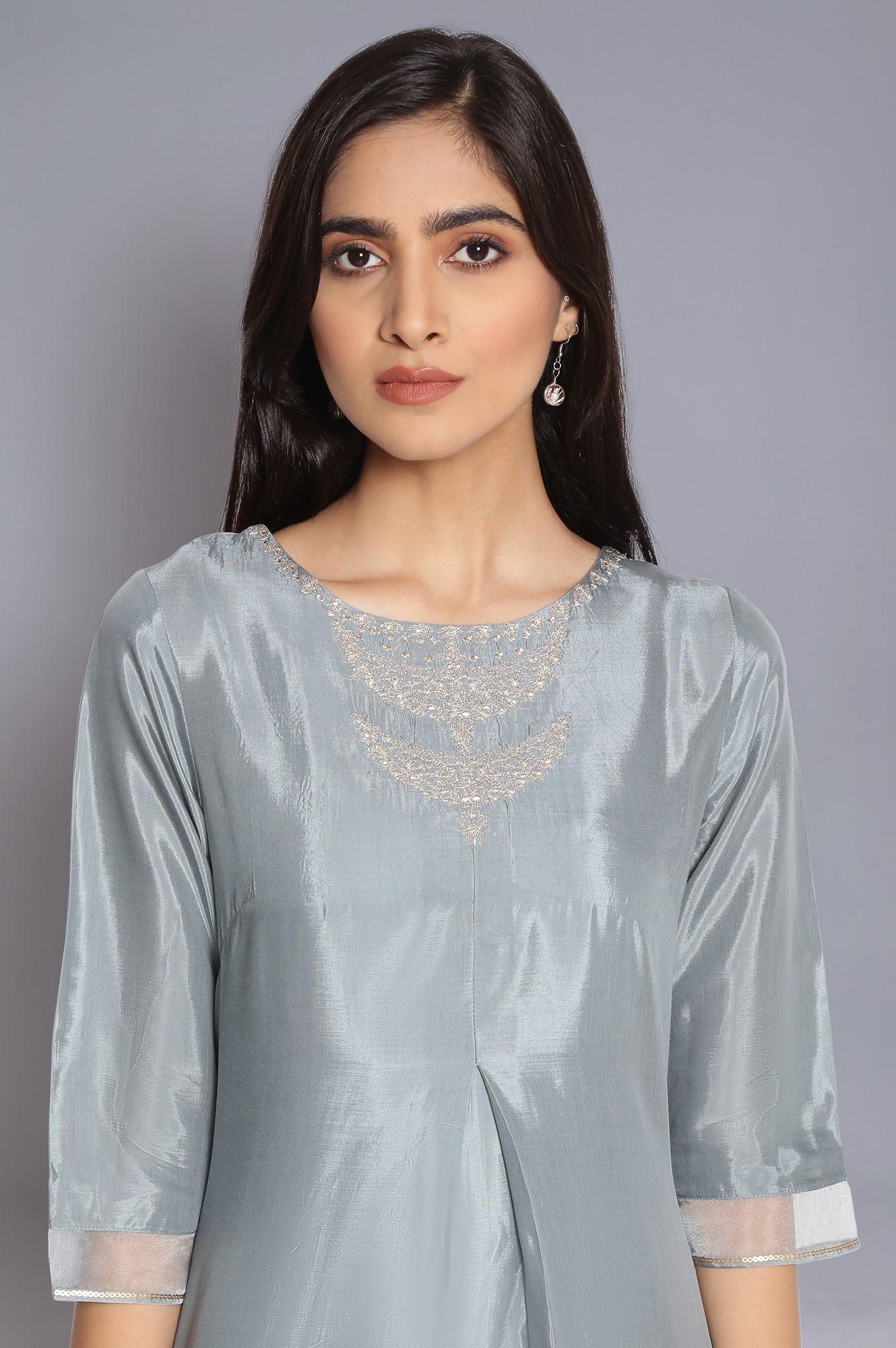 Slate Blue kurta with Embroidery - Image 5