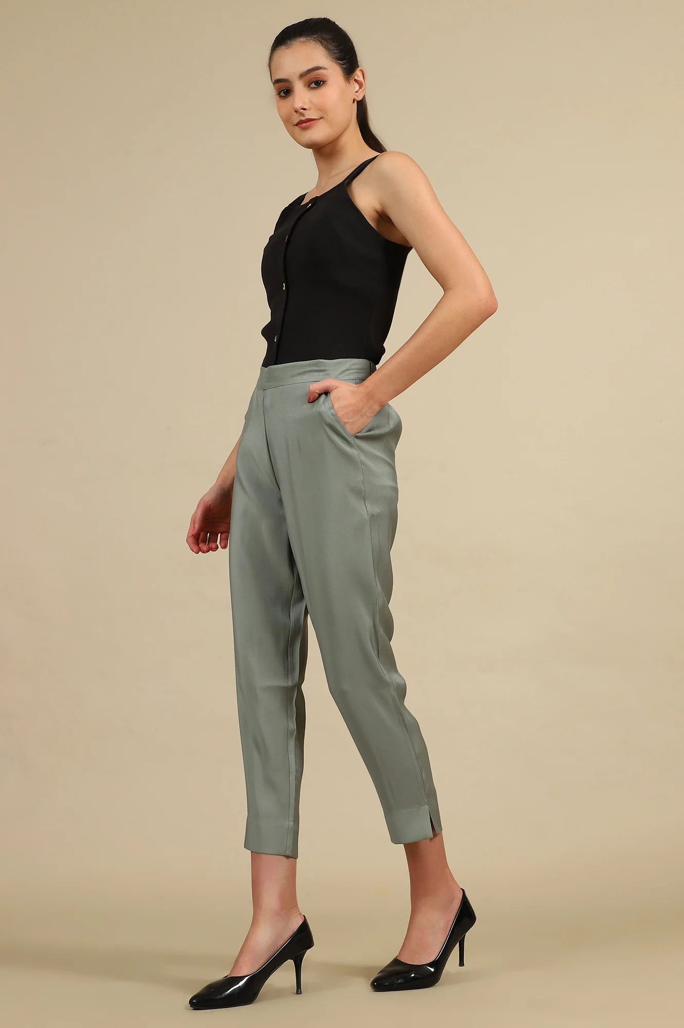 Grey Solid Straight Fit Trousers With Elasticated Waist - Image 5