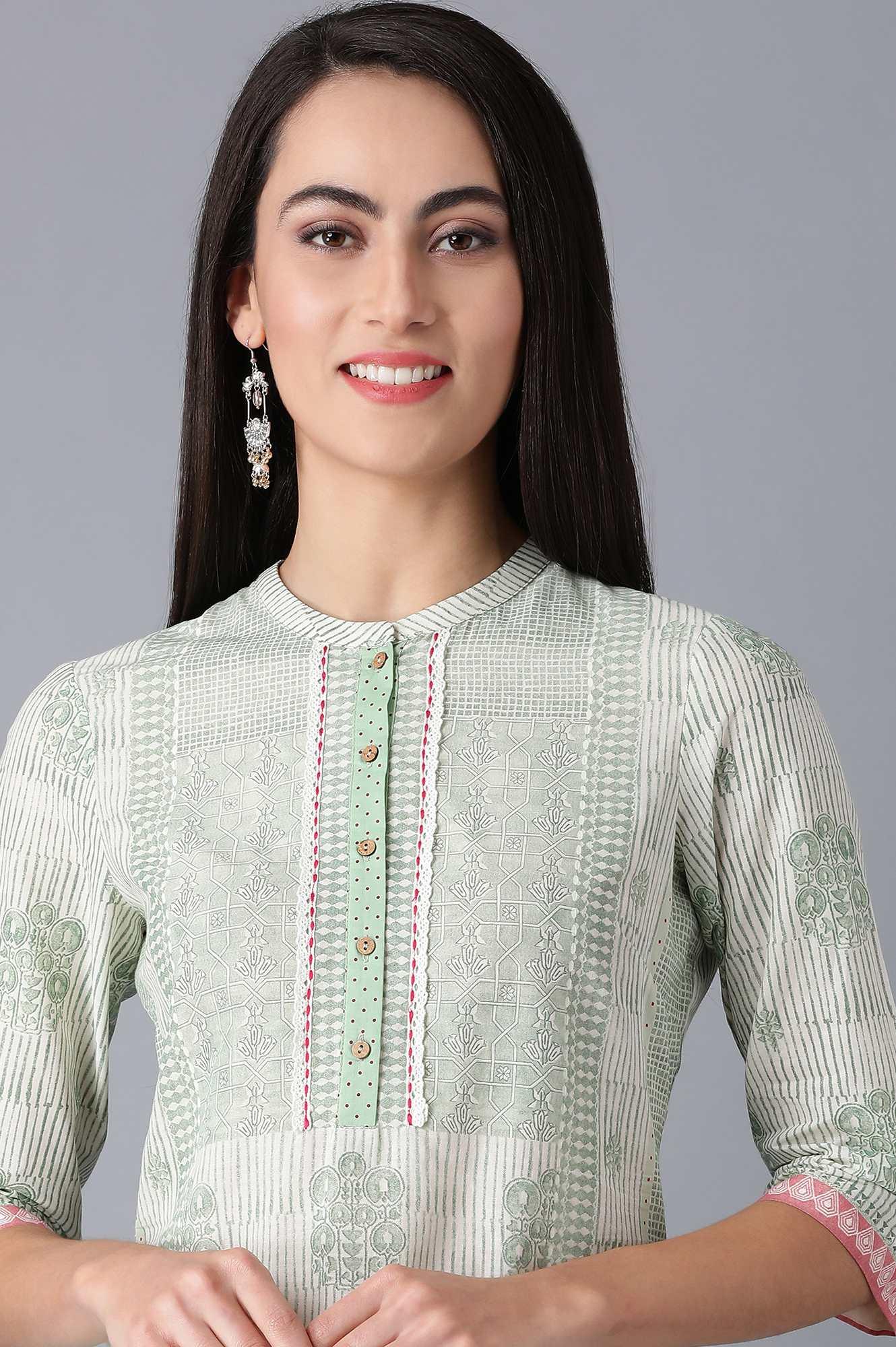 Smoke Green Printed Straight kurta in Mandarin Neck - Image 5