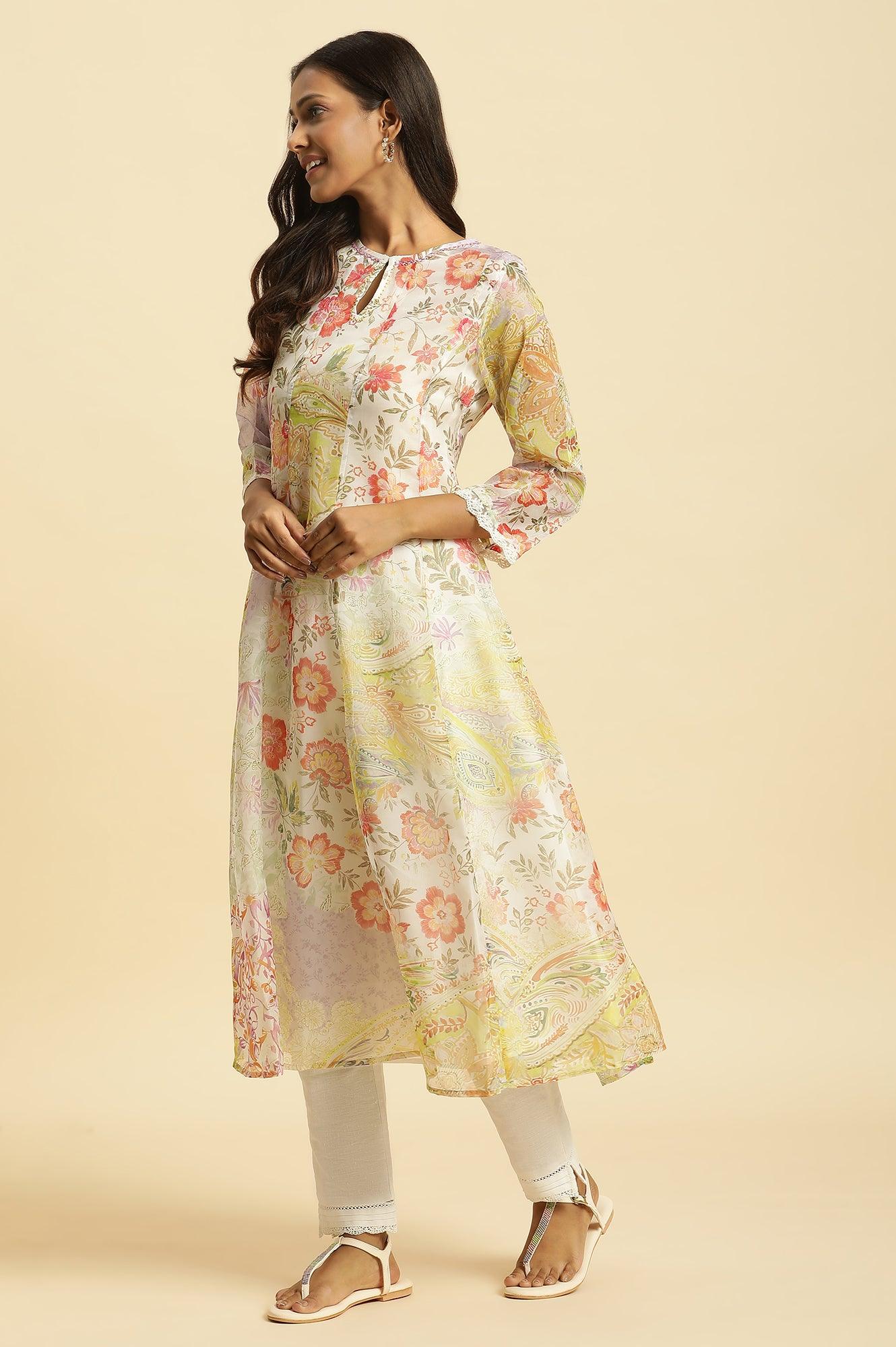 Soft Multi-Coloured Flared Organza Kurta - Image 3
