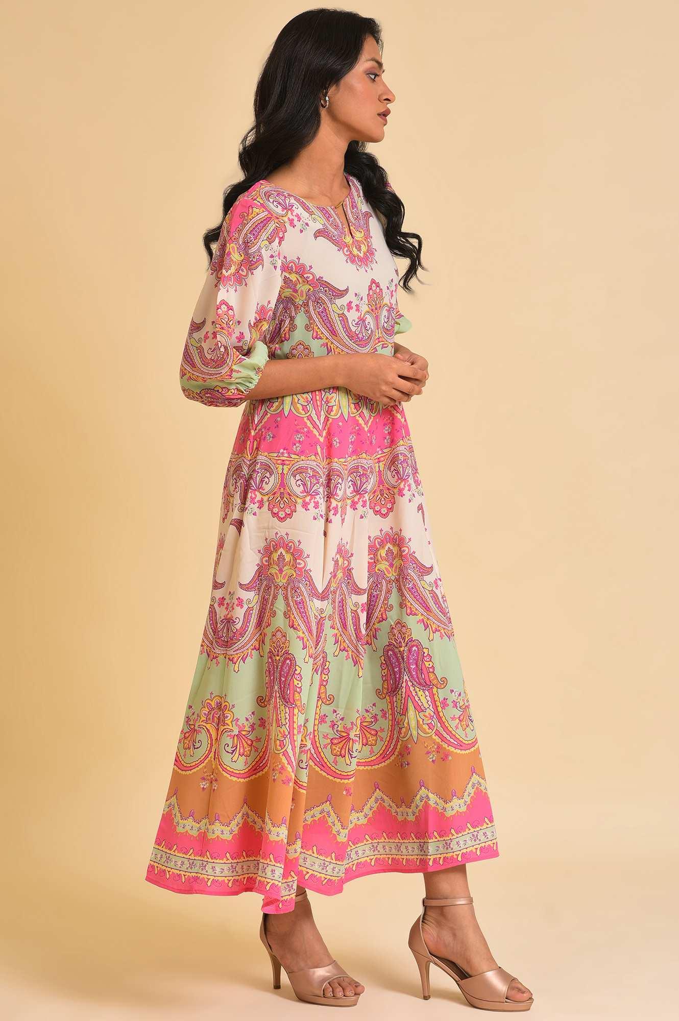 Soft Multi-Coloured Paisley Printed Panelled Dress - Image 4