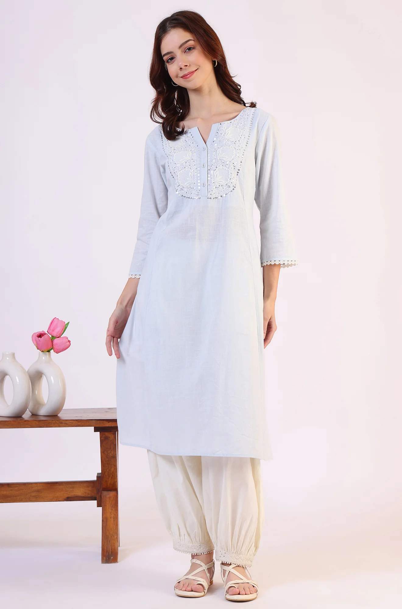 Blue Solid A-Line Pure Cotton Kurta - Image 3