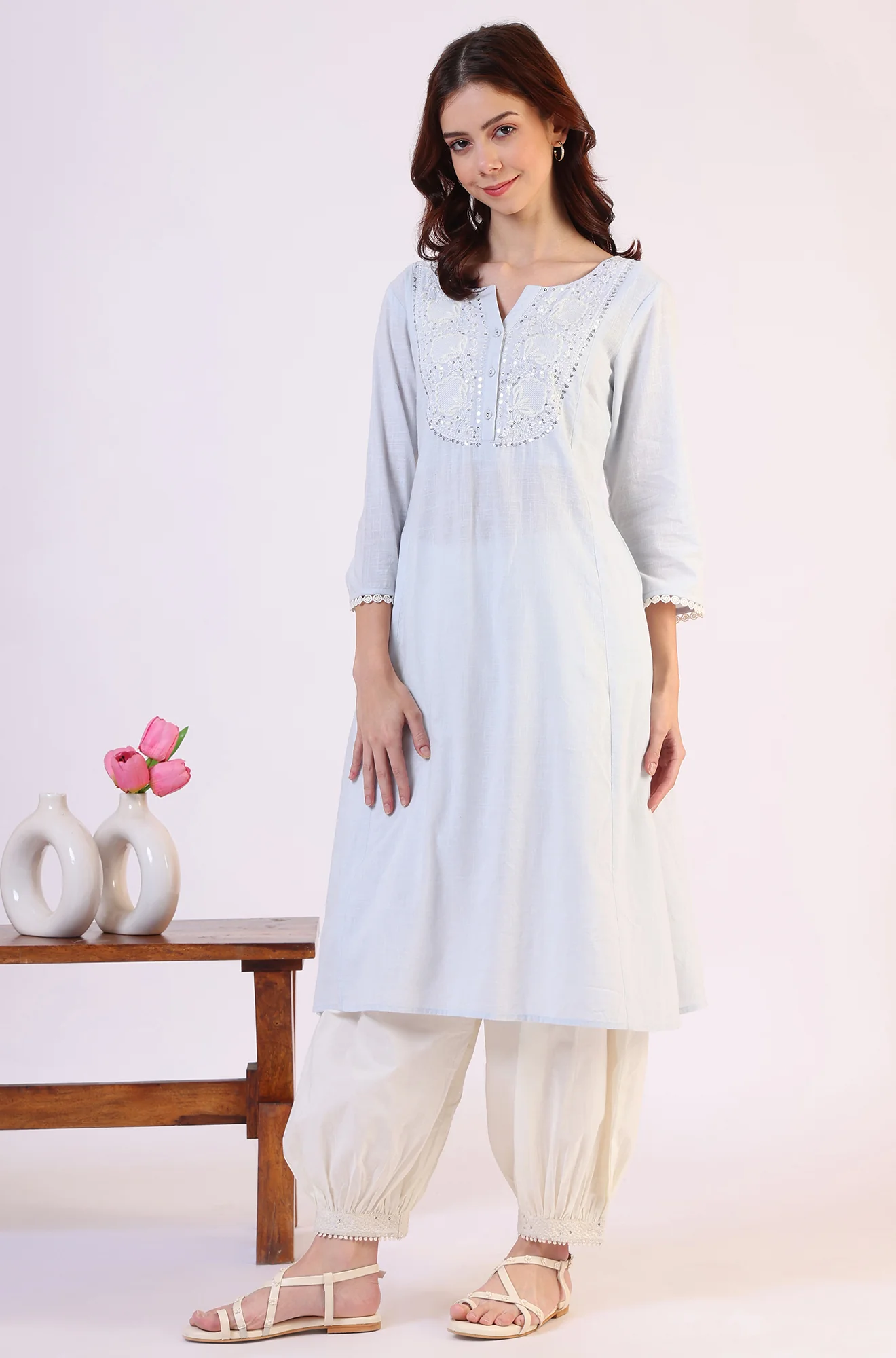Blue Solid A-Line Pure Cotton Kurta - Image 5