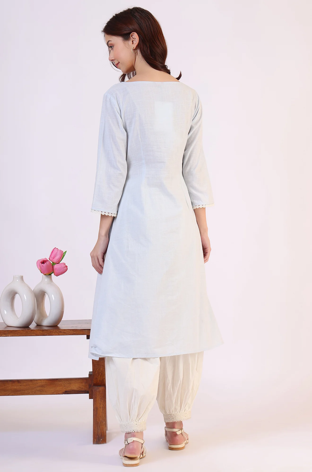 Blue Solid A-Line Pure Cotton Kurta - Image 6