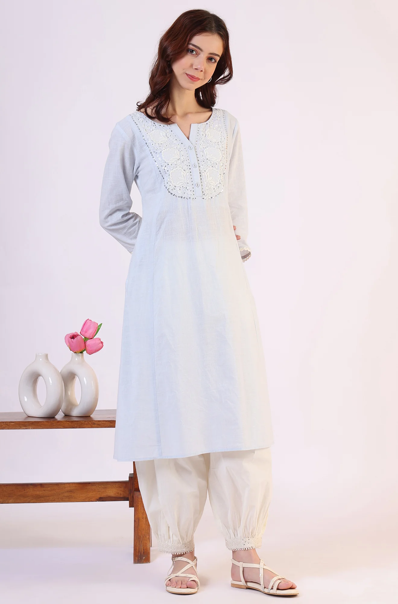 Blue Solid A-Line Pure Cotton Kurta - Image 7