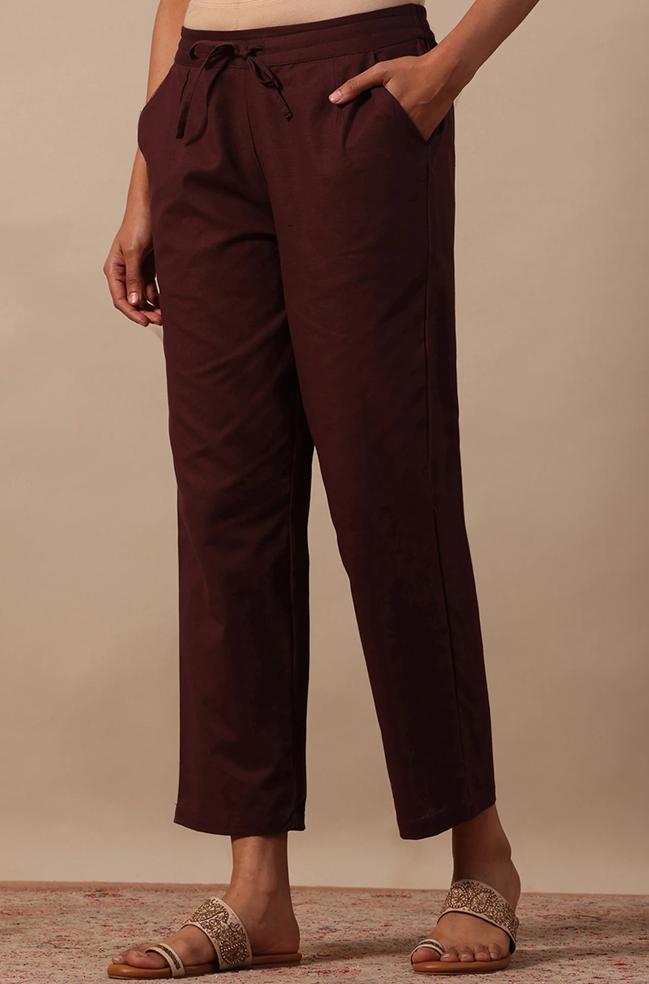 Red Solid Cotton Blend Straight Pants - Image 2