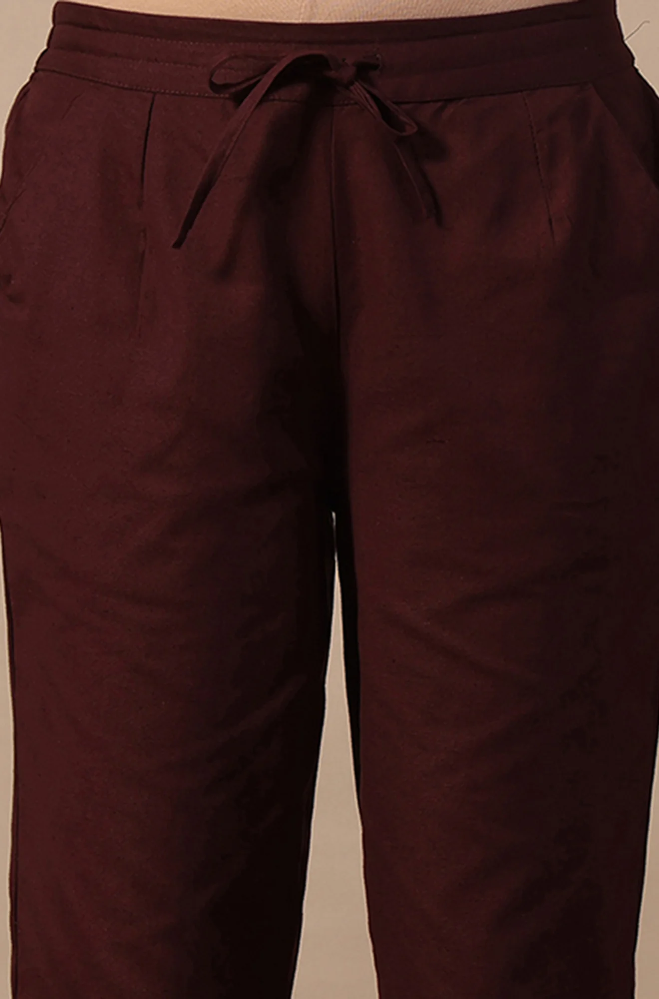 Red Solid Cotton Blend Straight Pants - Image 3