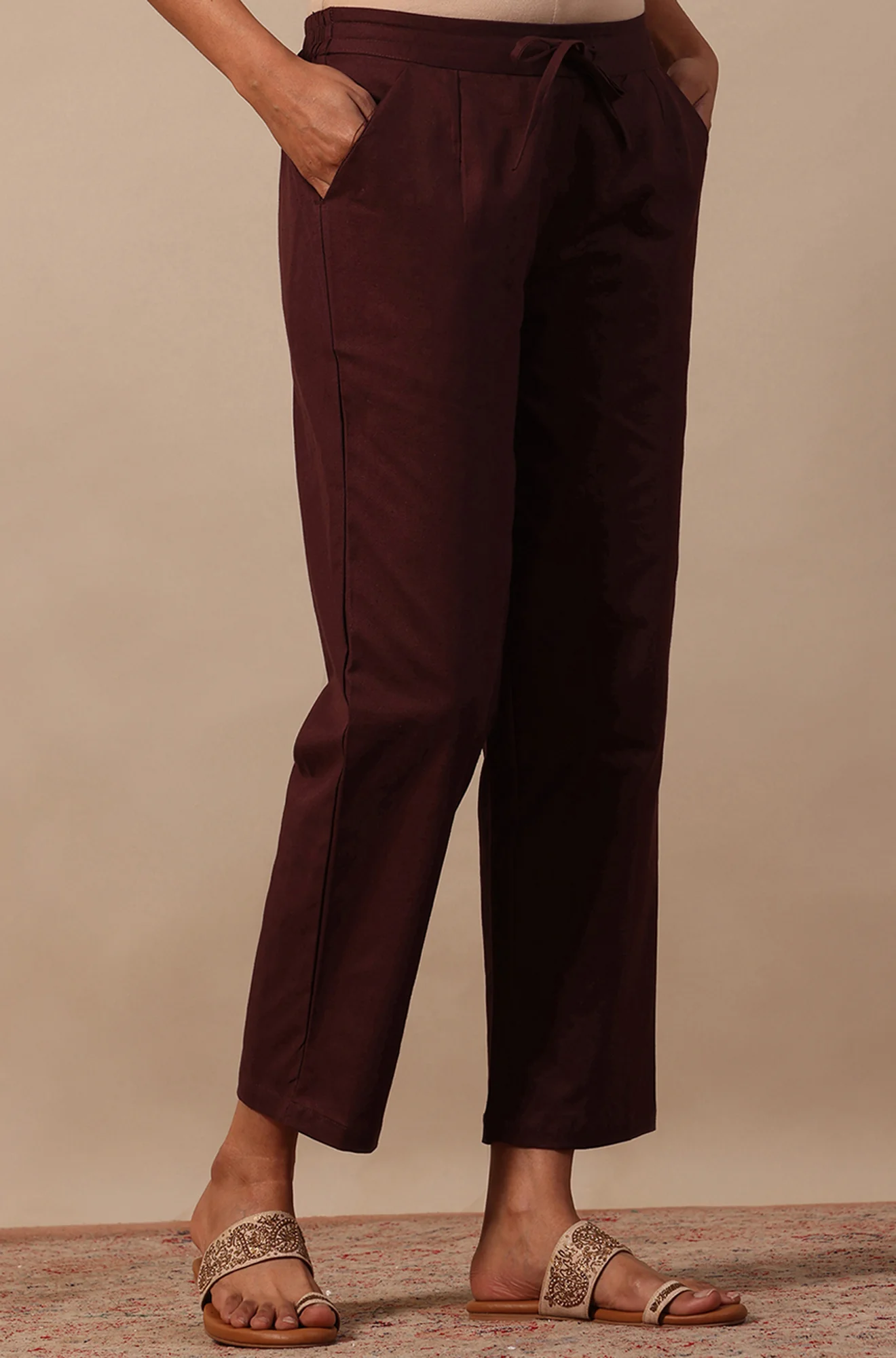 Red Solid Cotton Blend Straight Pants - Image 4