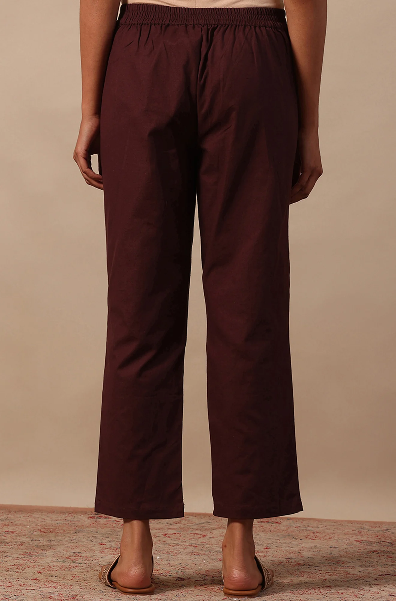 Red Solid Cotton Blend Straight Pants - Image 5