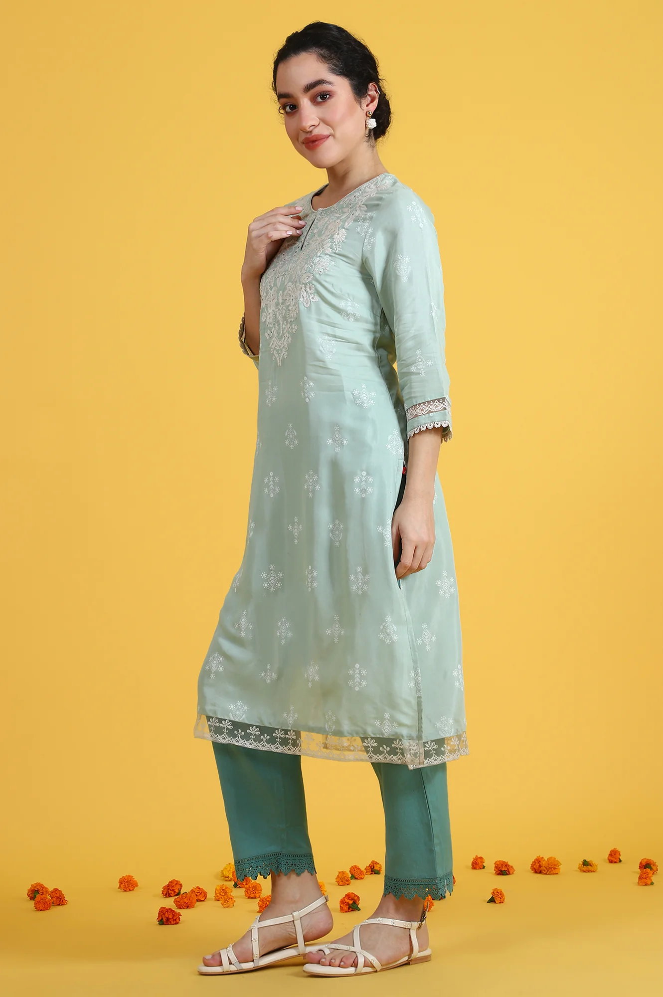 Blue Solid Cotton Flax Straight Pants - Image 2