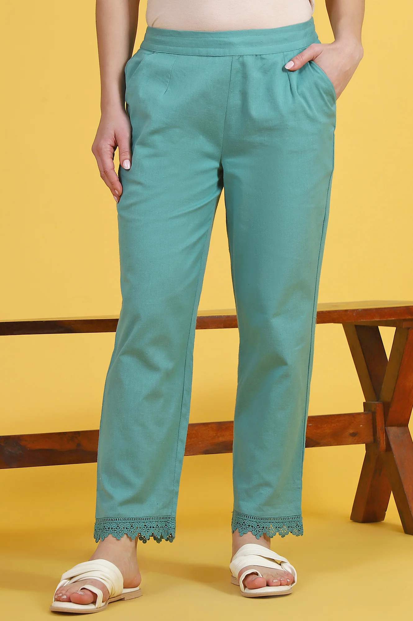 Blue Solid Cotton Flax Straight Pants - Image 3