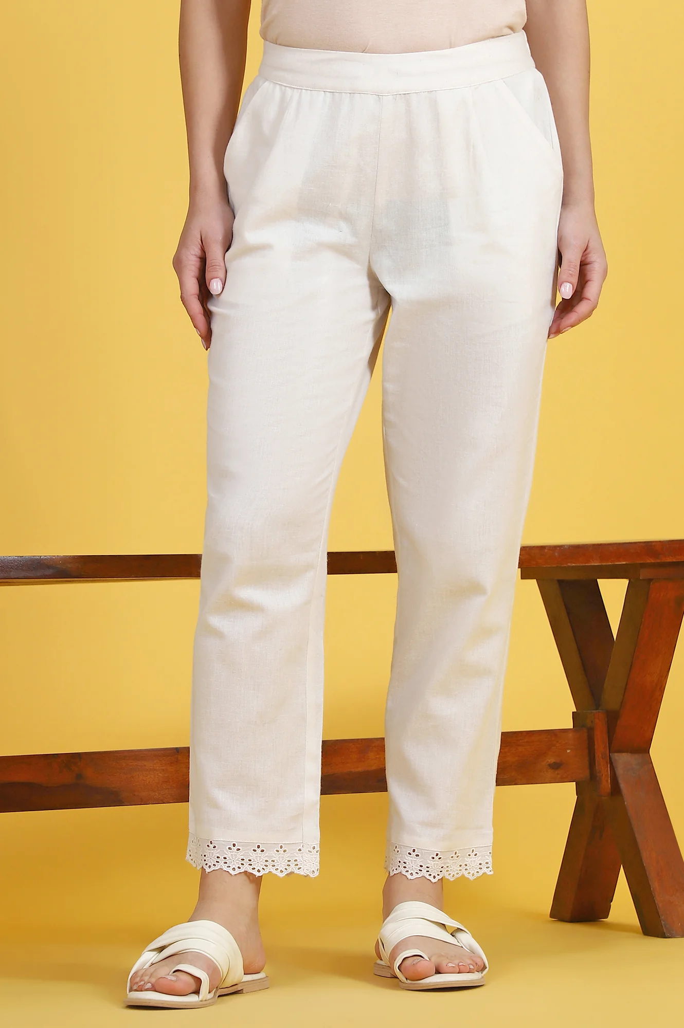 Beige Solid Lace Cotton Blend Straight Pants - Image 3