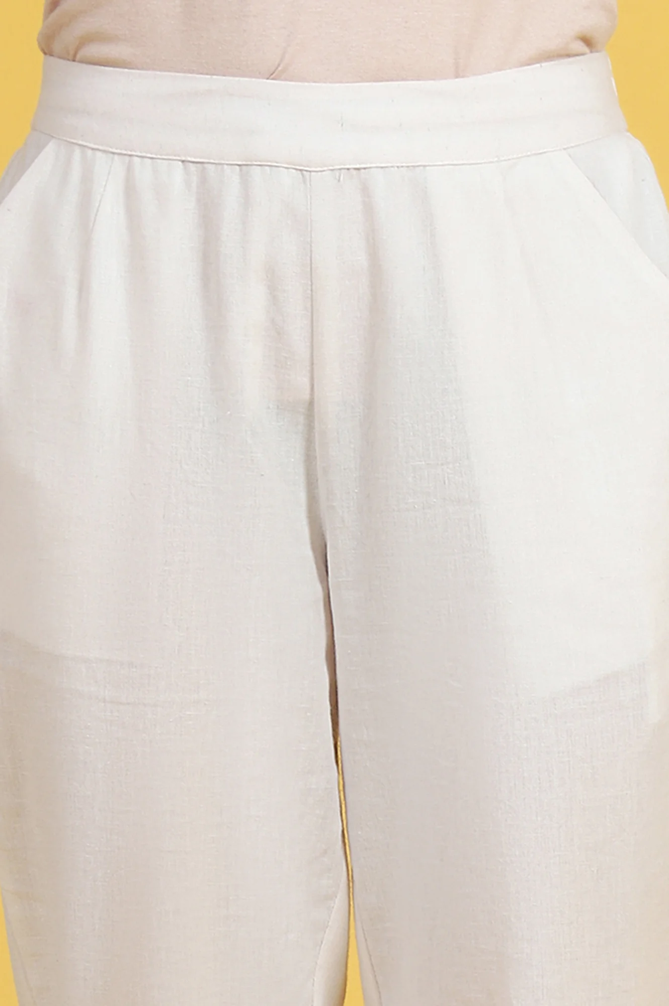 Beige Solid Lace Cotton Blend Straight Pants - Image 4