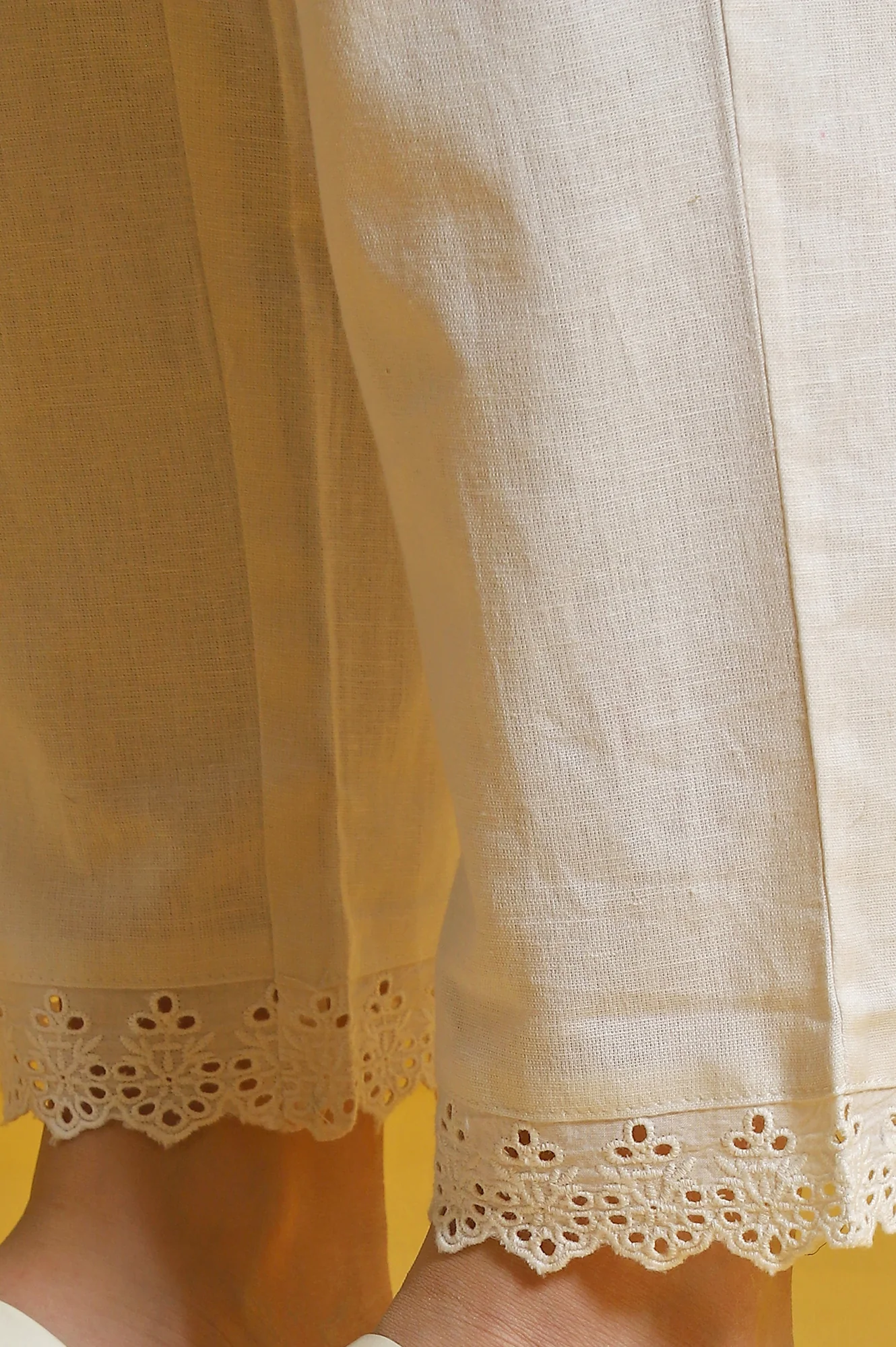 Beige Solid Lace Cotton Blend Straight Pants - Image 8