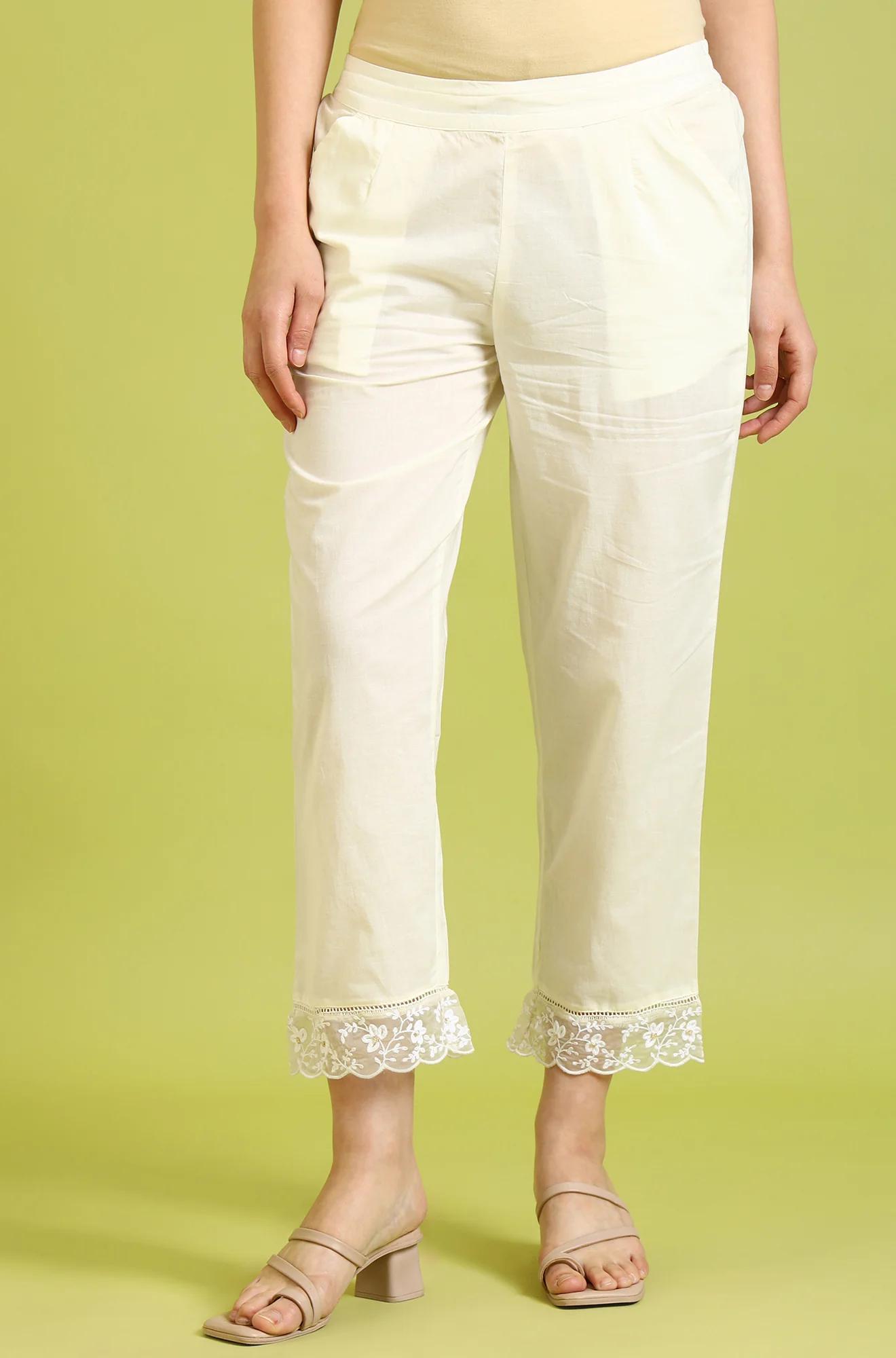 White Solid Pure Cotton Straight Pants - Image 2