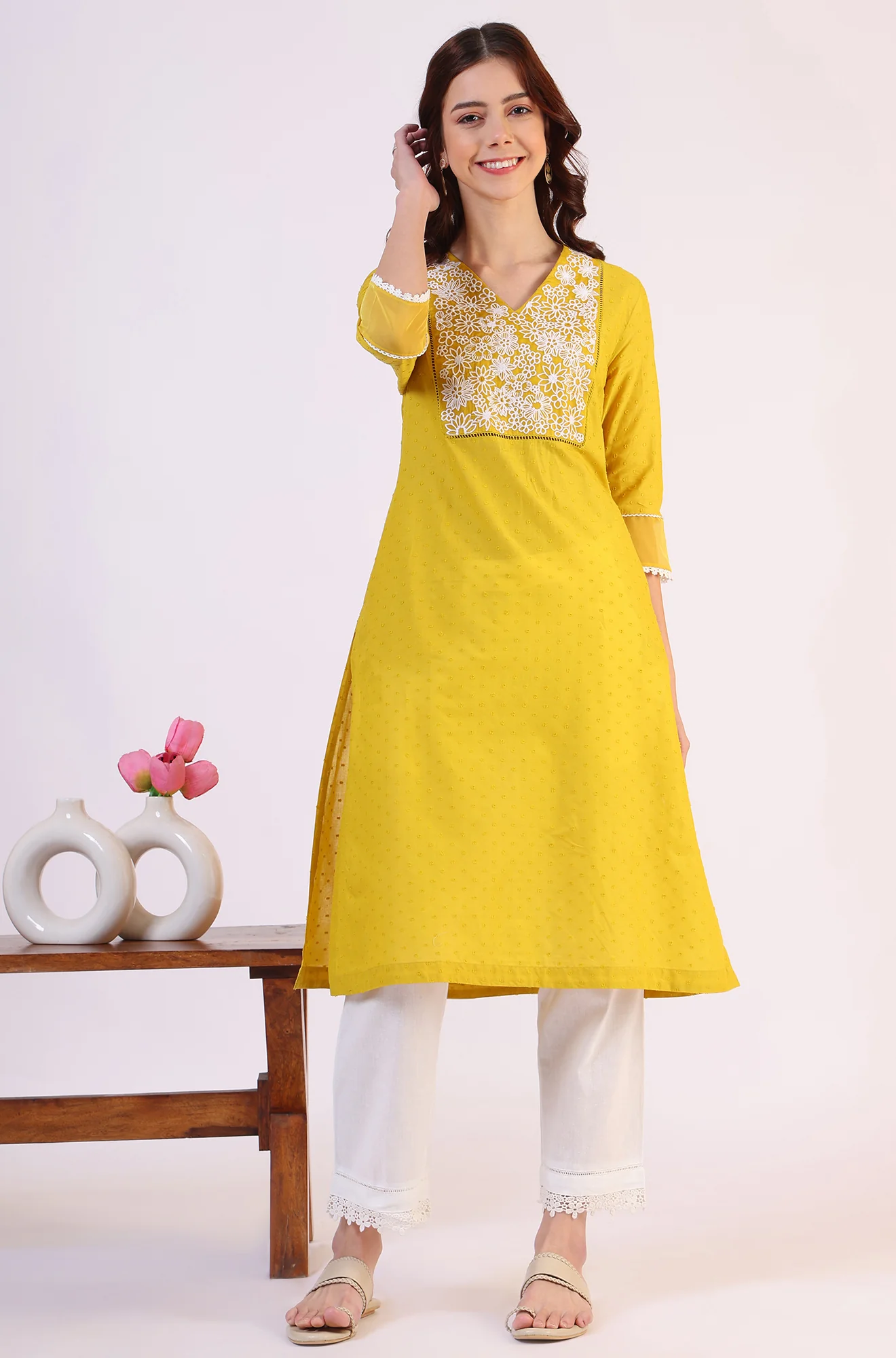 Yellow Solid Straight Pure Cotton Kurta - Image 3