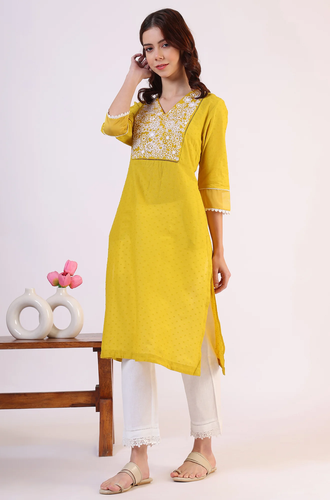 Yellow Solid Straight Pure Cotton Kurta - Image 5