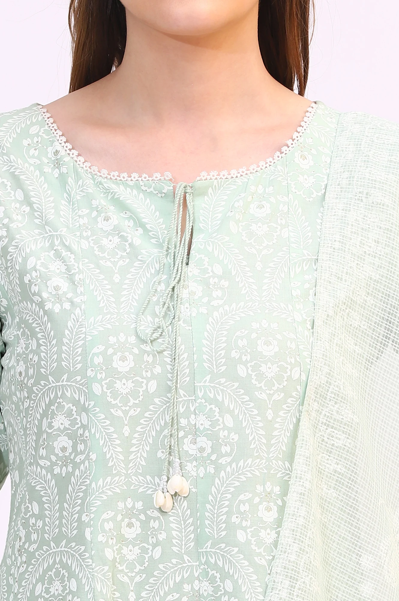 Spring Mint Green Floral Printed Flared Kurta and Flared Pants Set with Dupatta - Image 4