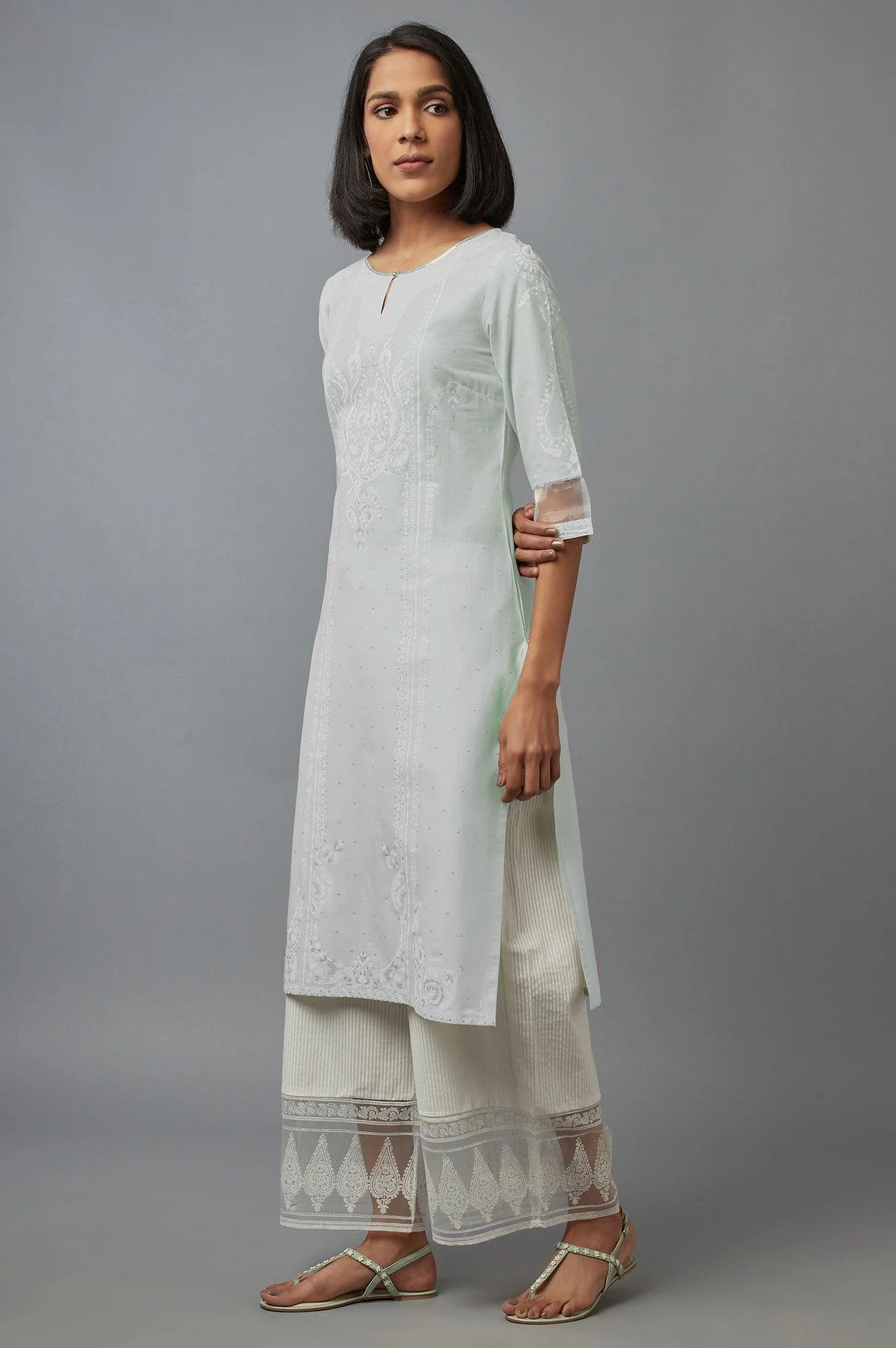 Subtle Green Printed kurta with Sequins - Image 3